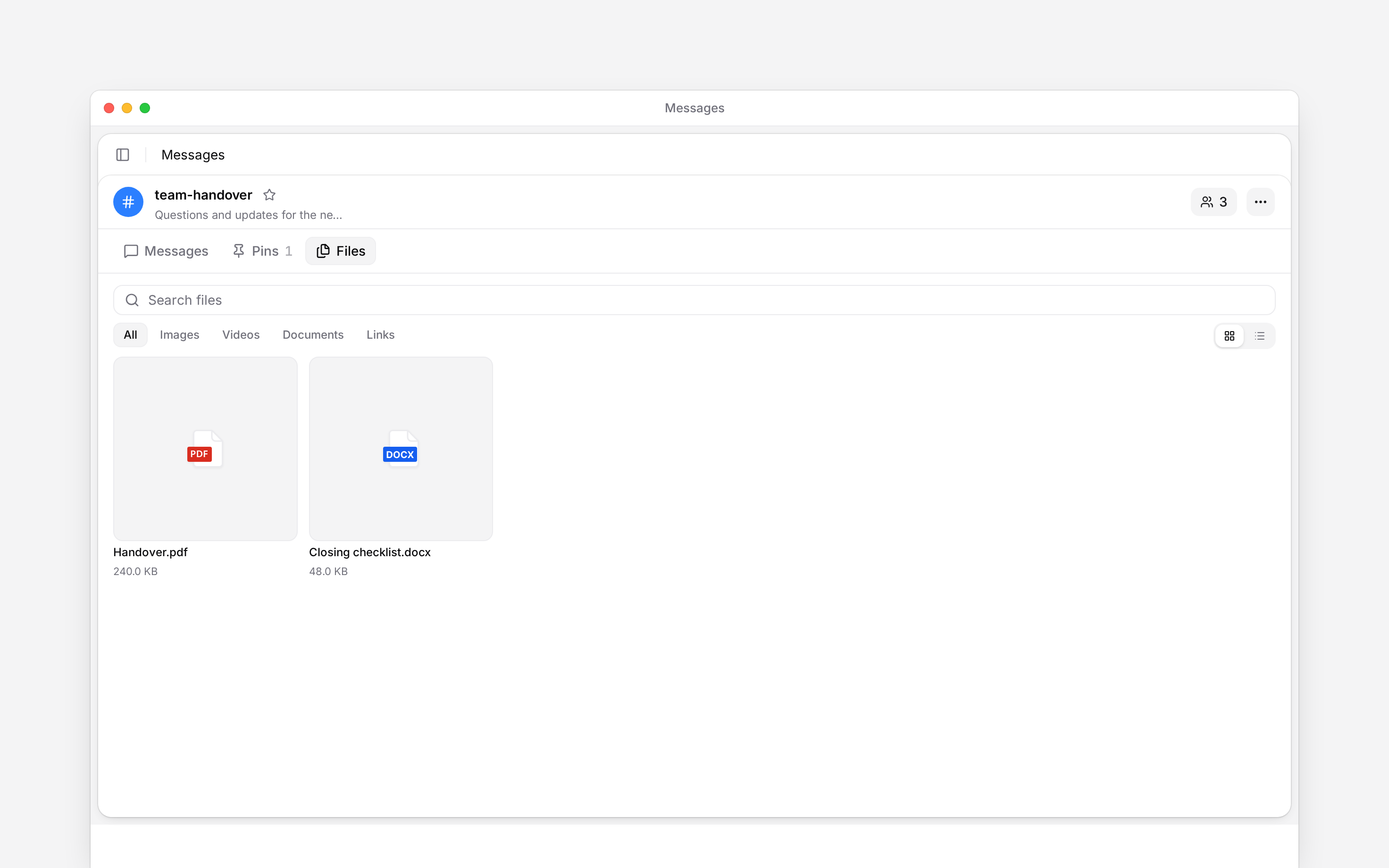 The Files tab showing shared documents and its file filters