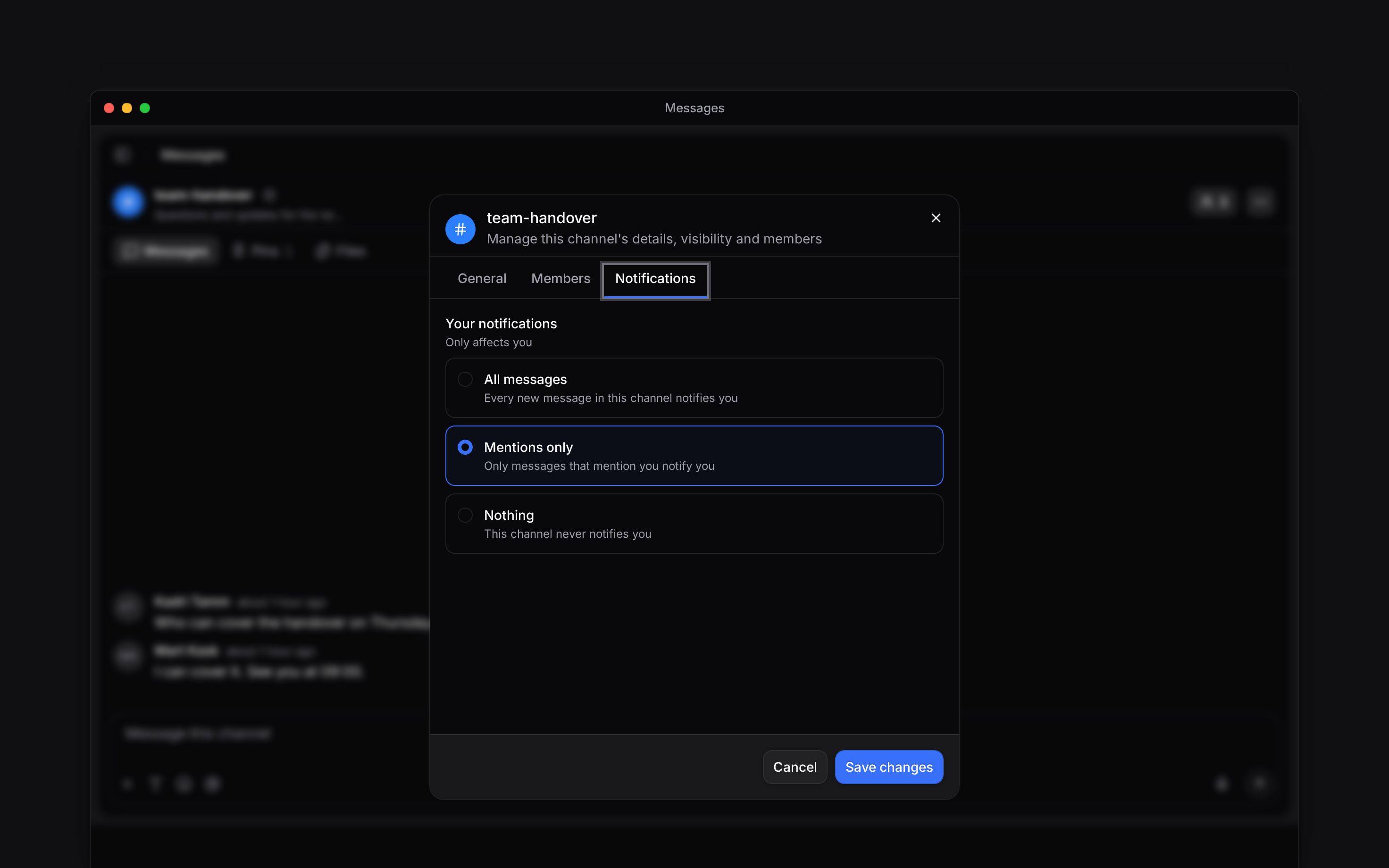 Channel notification choices for All messages, Mentions only and Nothing