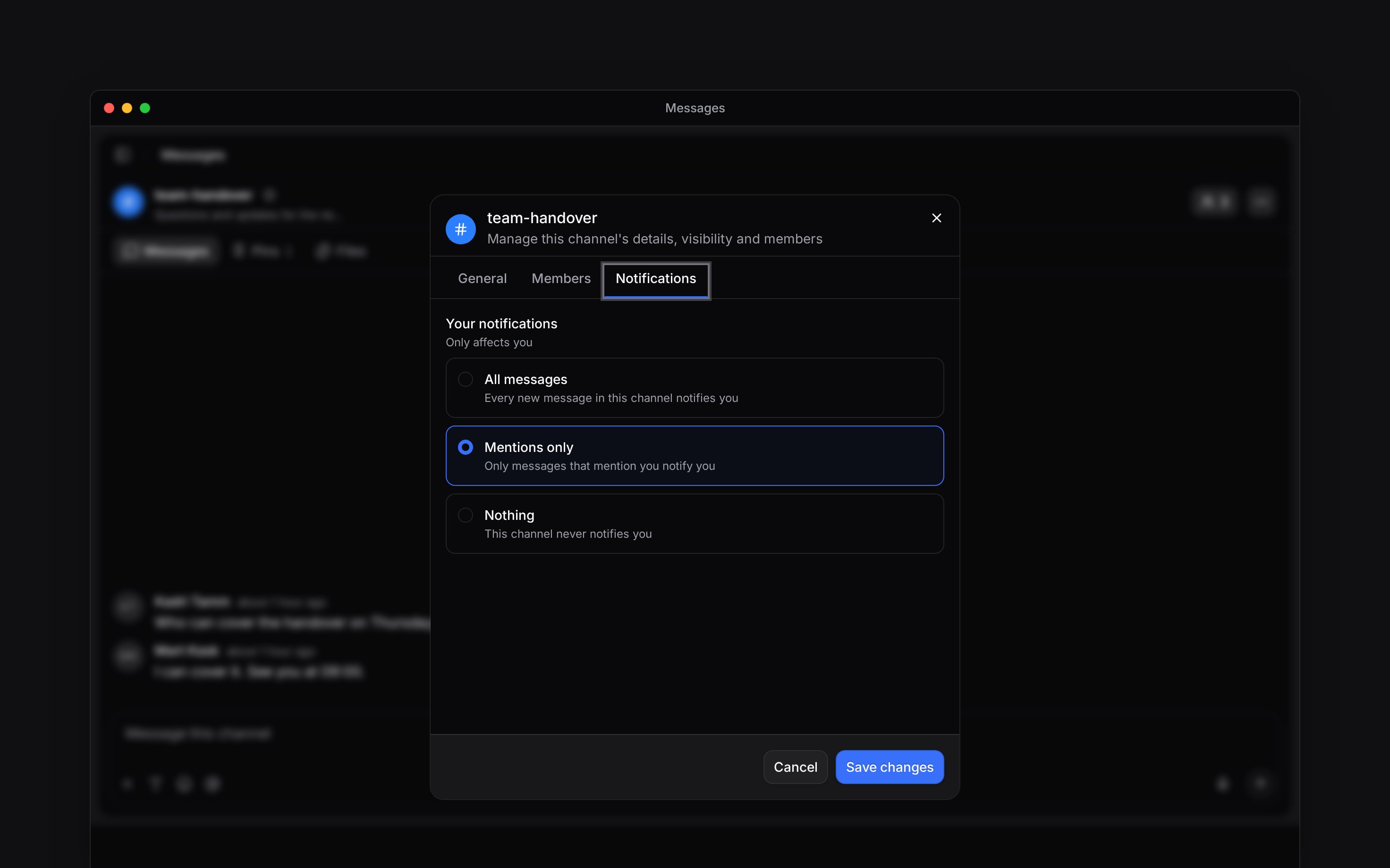 Channel notification choices for All messages, Mentions only and Nothing
