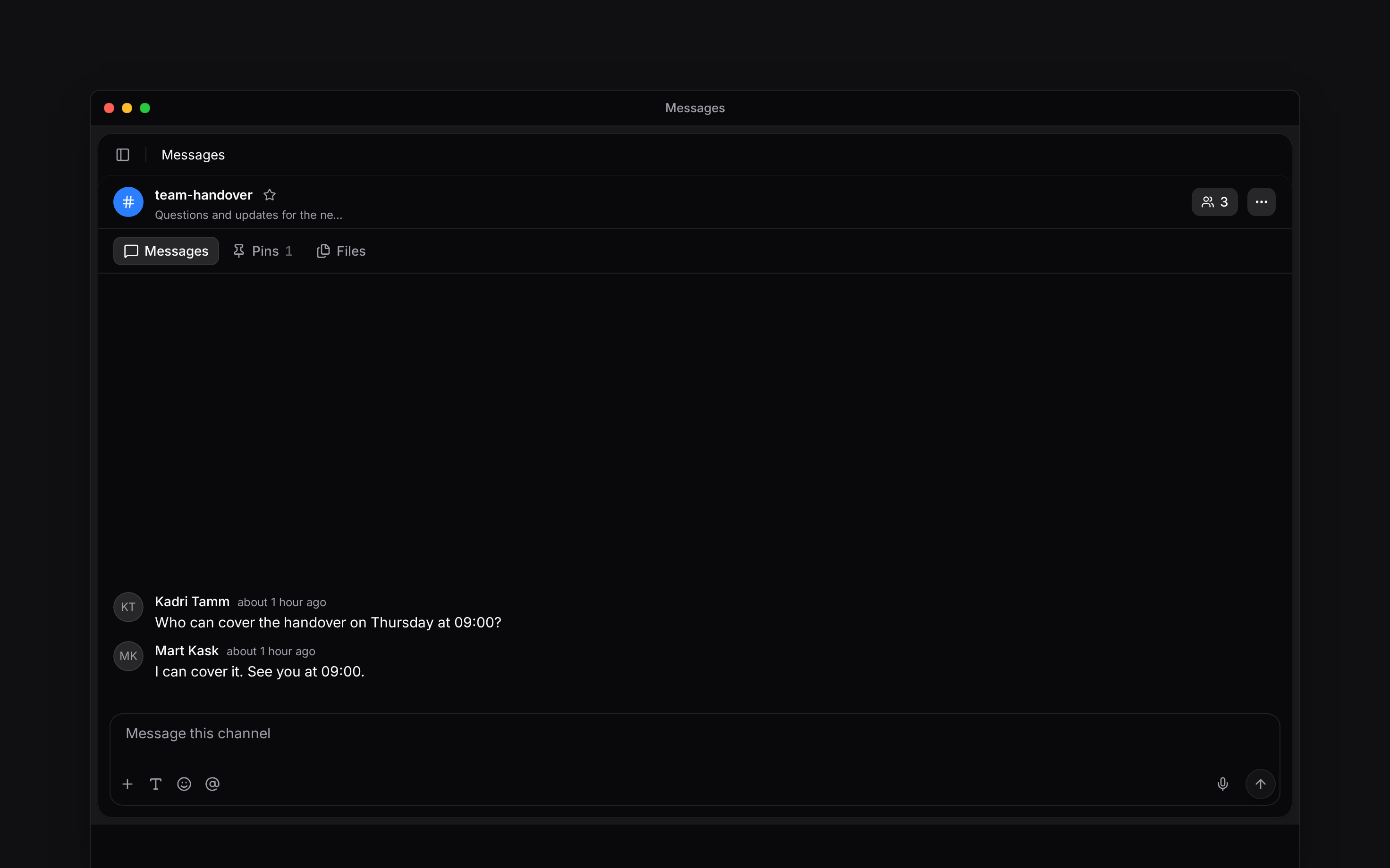 A team channel with Messages, Pins and Files tabs above the conversation