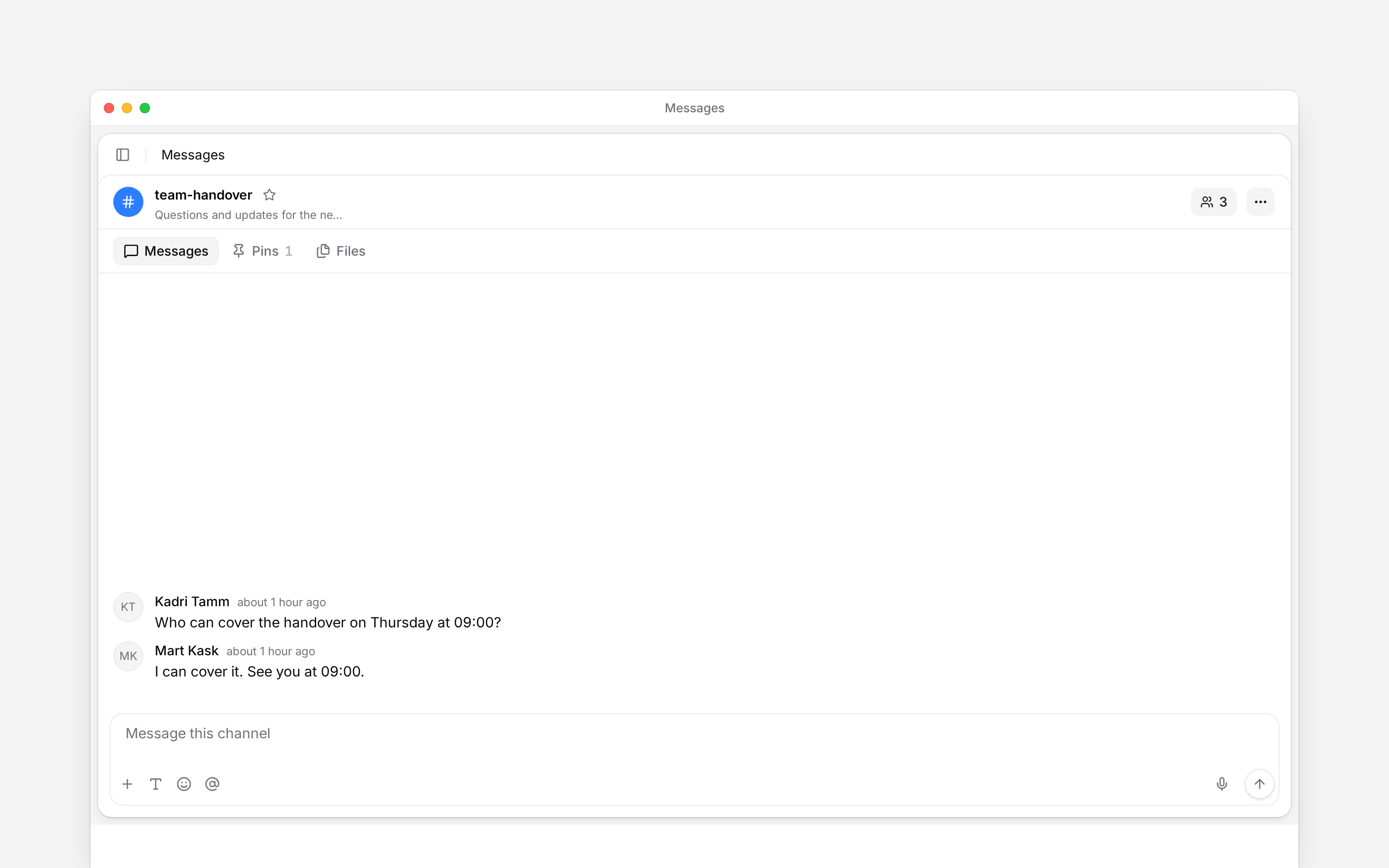 A team channel with Messages, Pins and Files tabs above the conversation