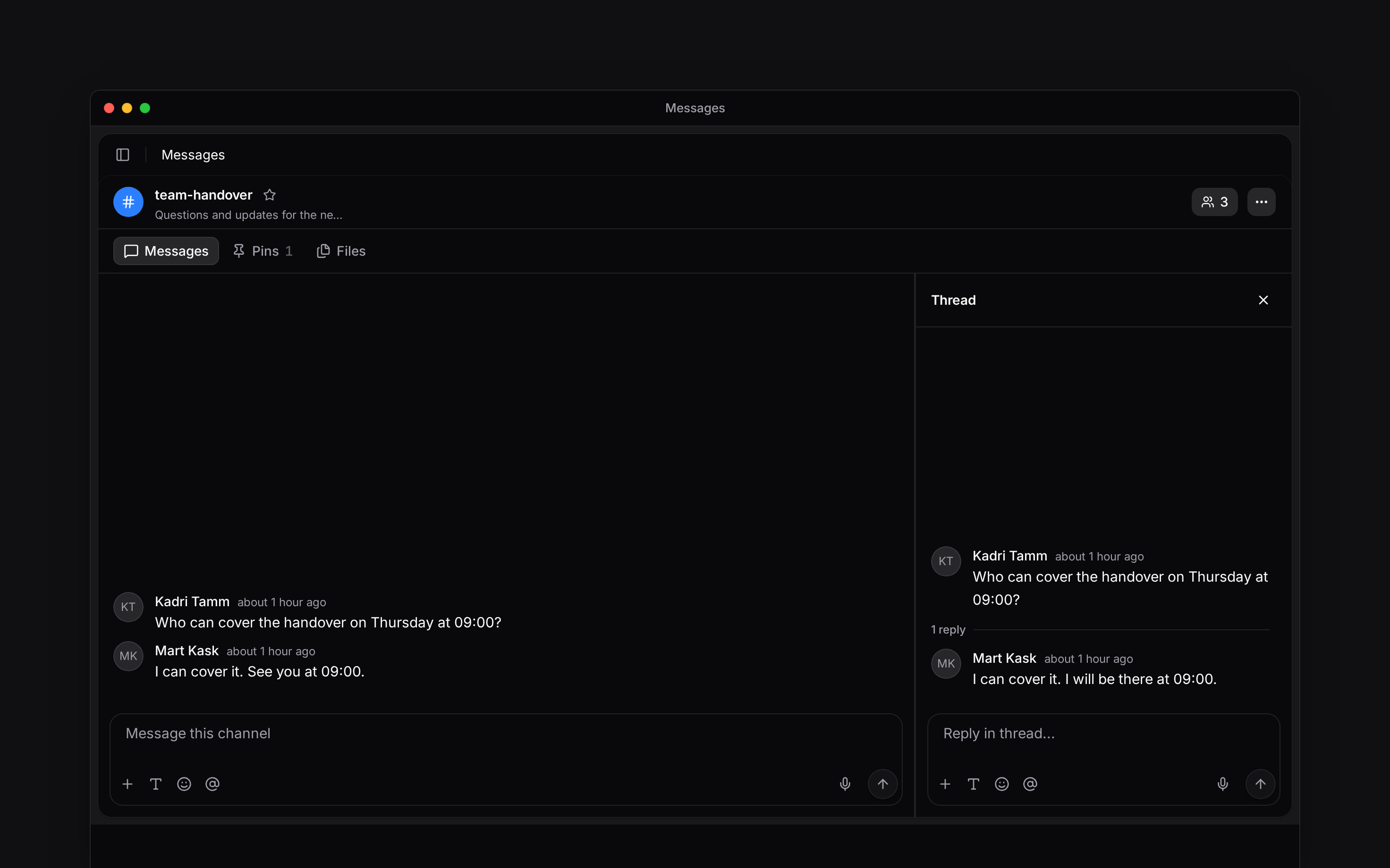 A message and its replies in the thread panel