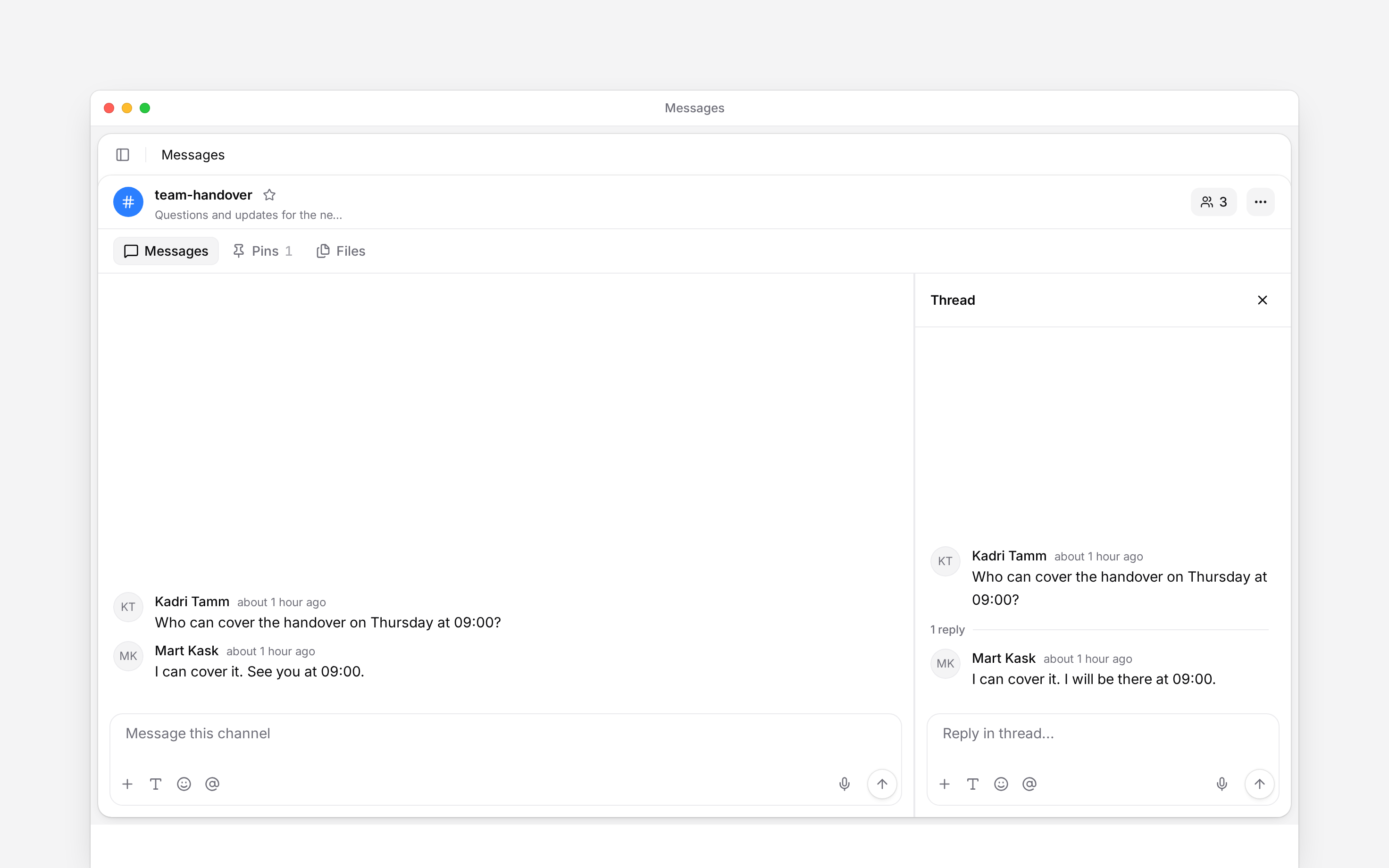 A message and its replies in the thread panel