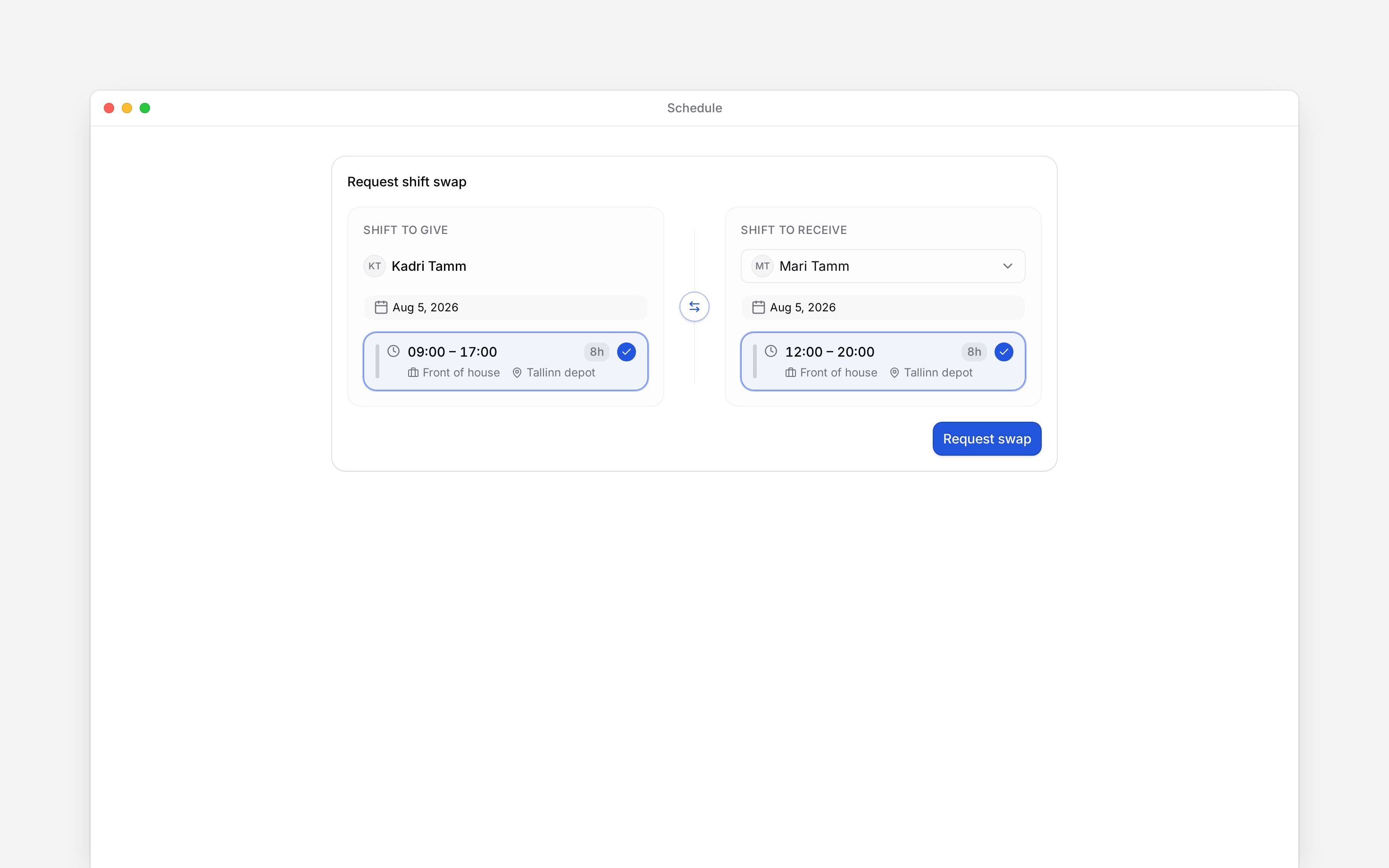 The swap request composer showing each colleague and their selected shift
