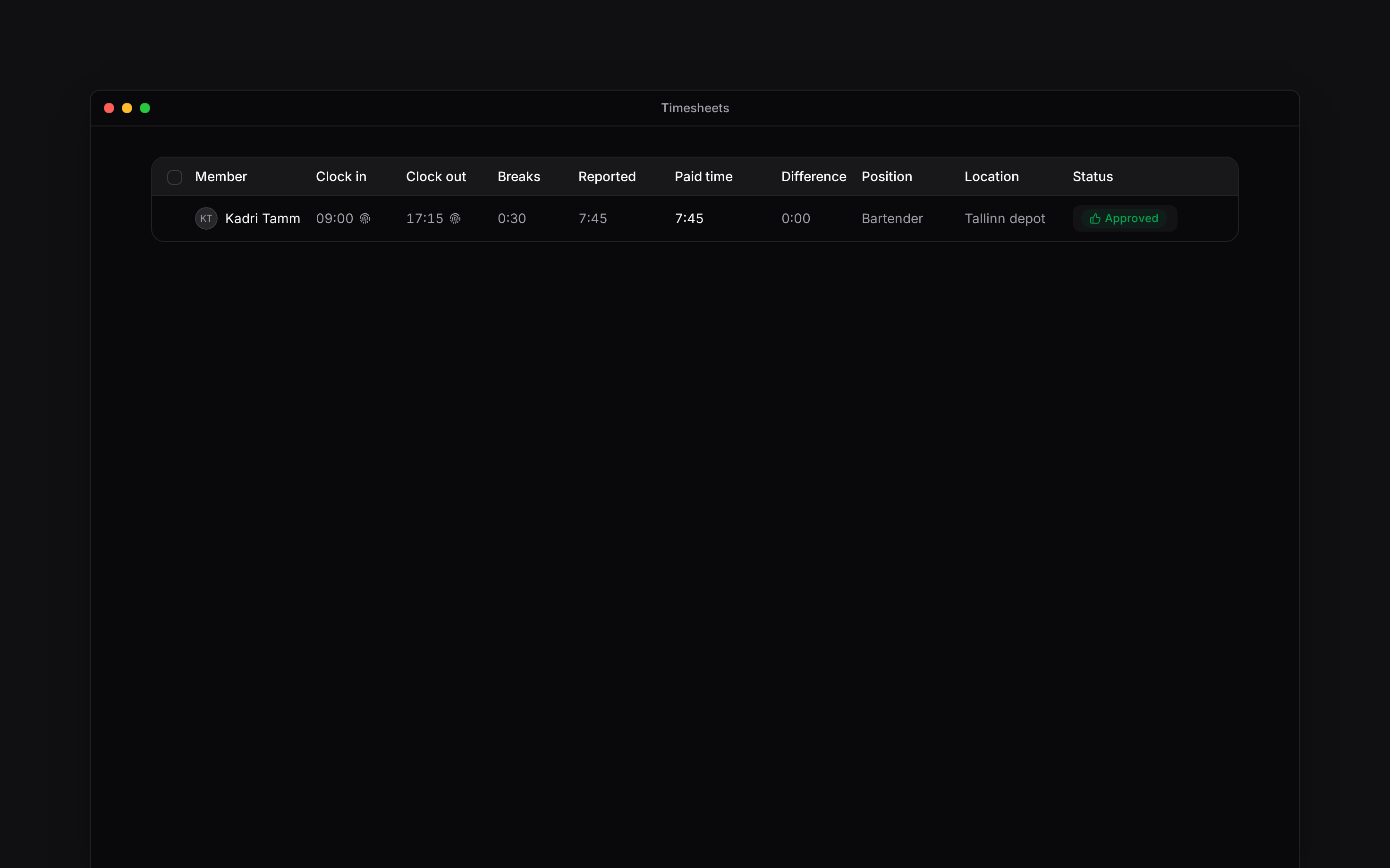 Your own time entry displaying Terminal as the punch method