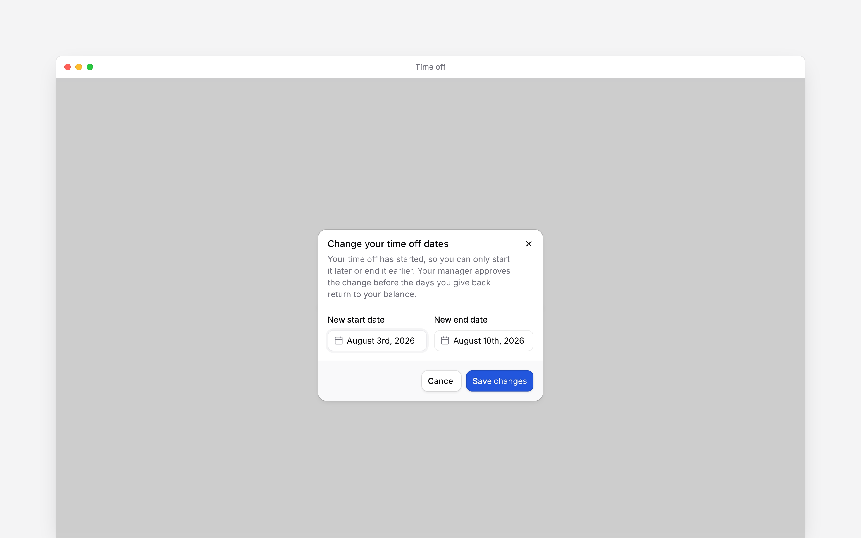 The Change your time off dates dialog with new start and end fields and the approval requirement