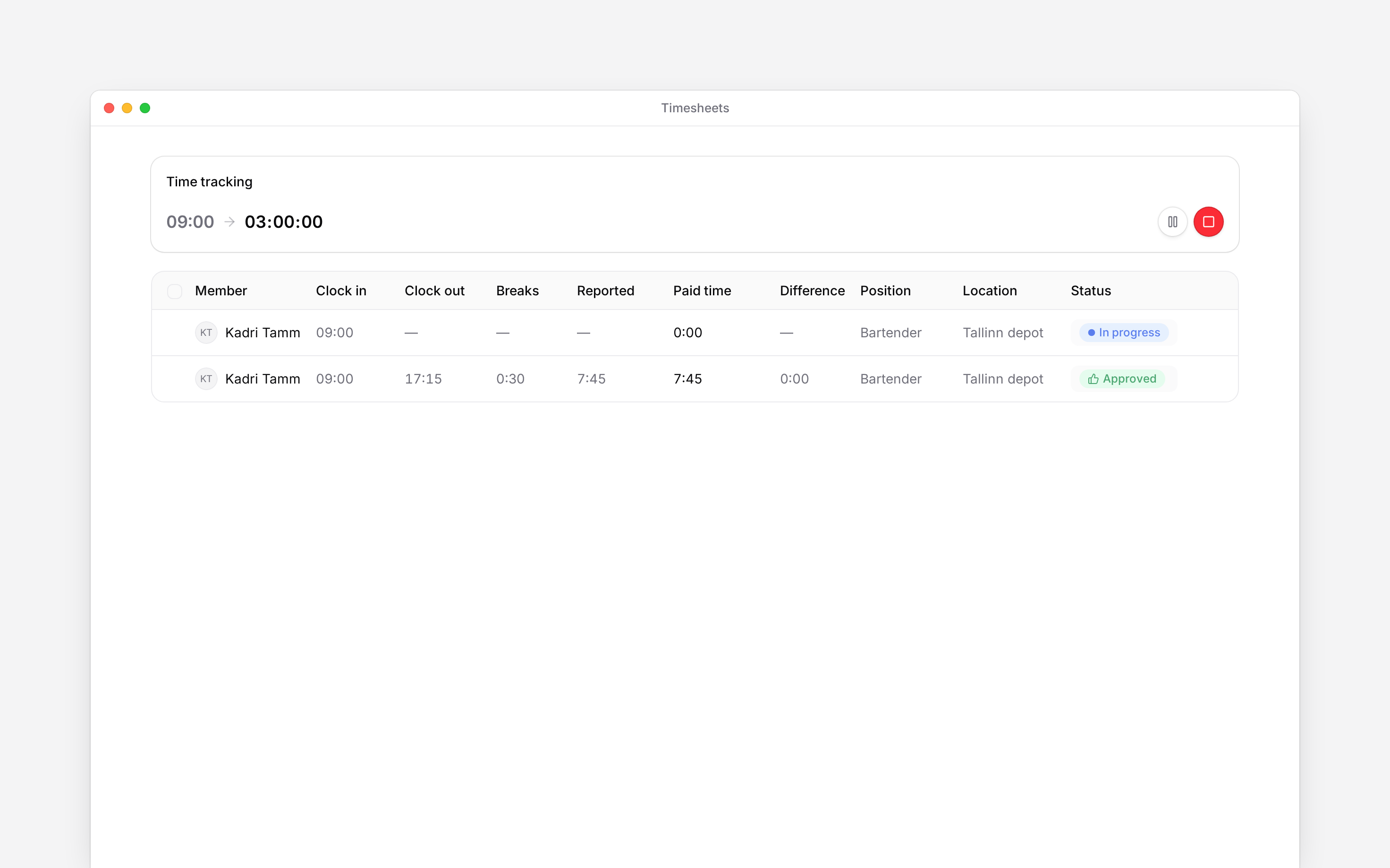Your running timer with Pause and Clock out above your own time entries