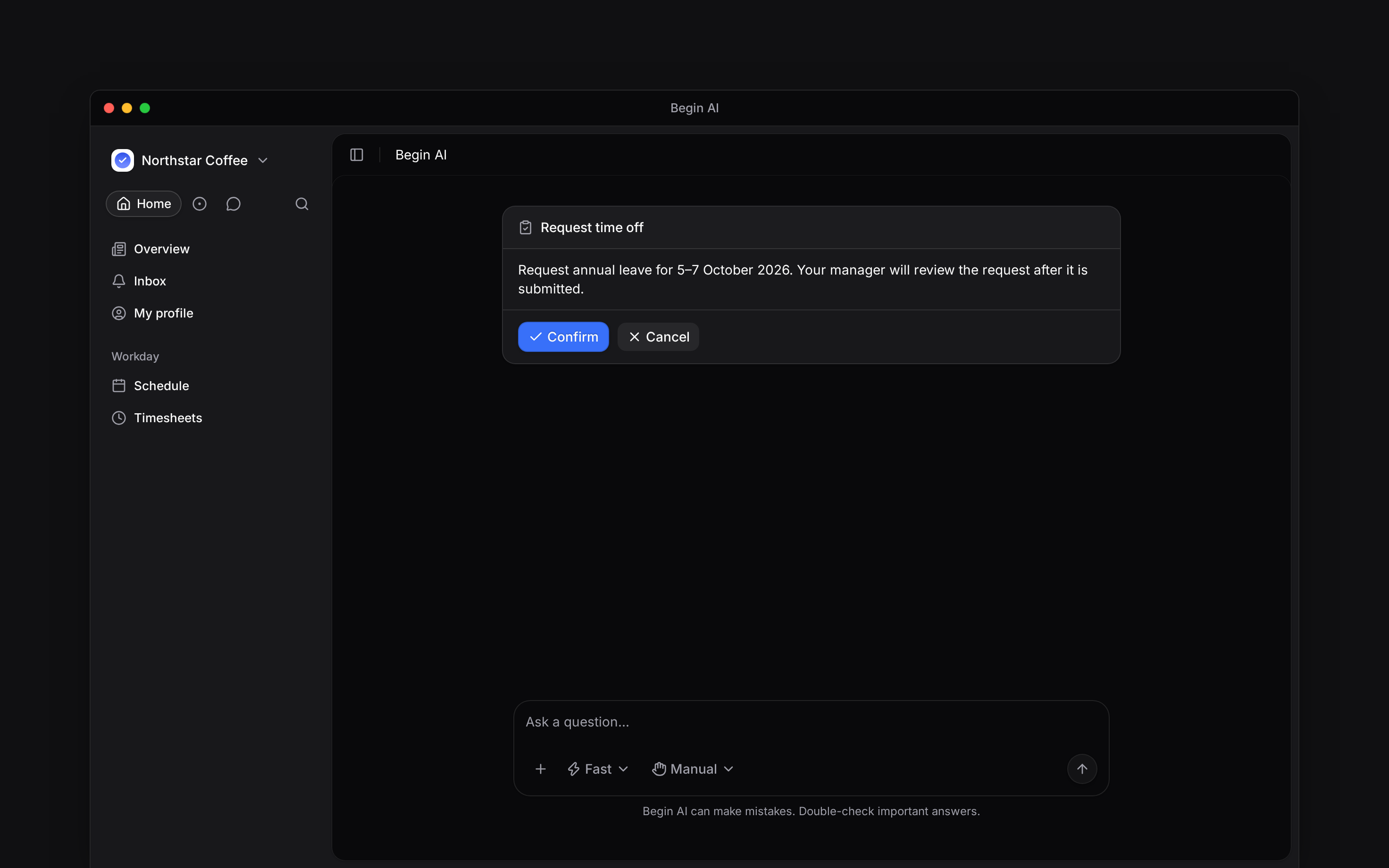 A Begin AI confirmation card for an employee time-off request