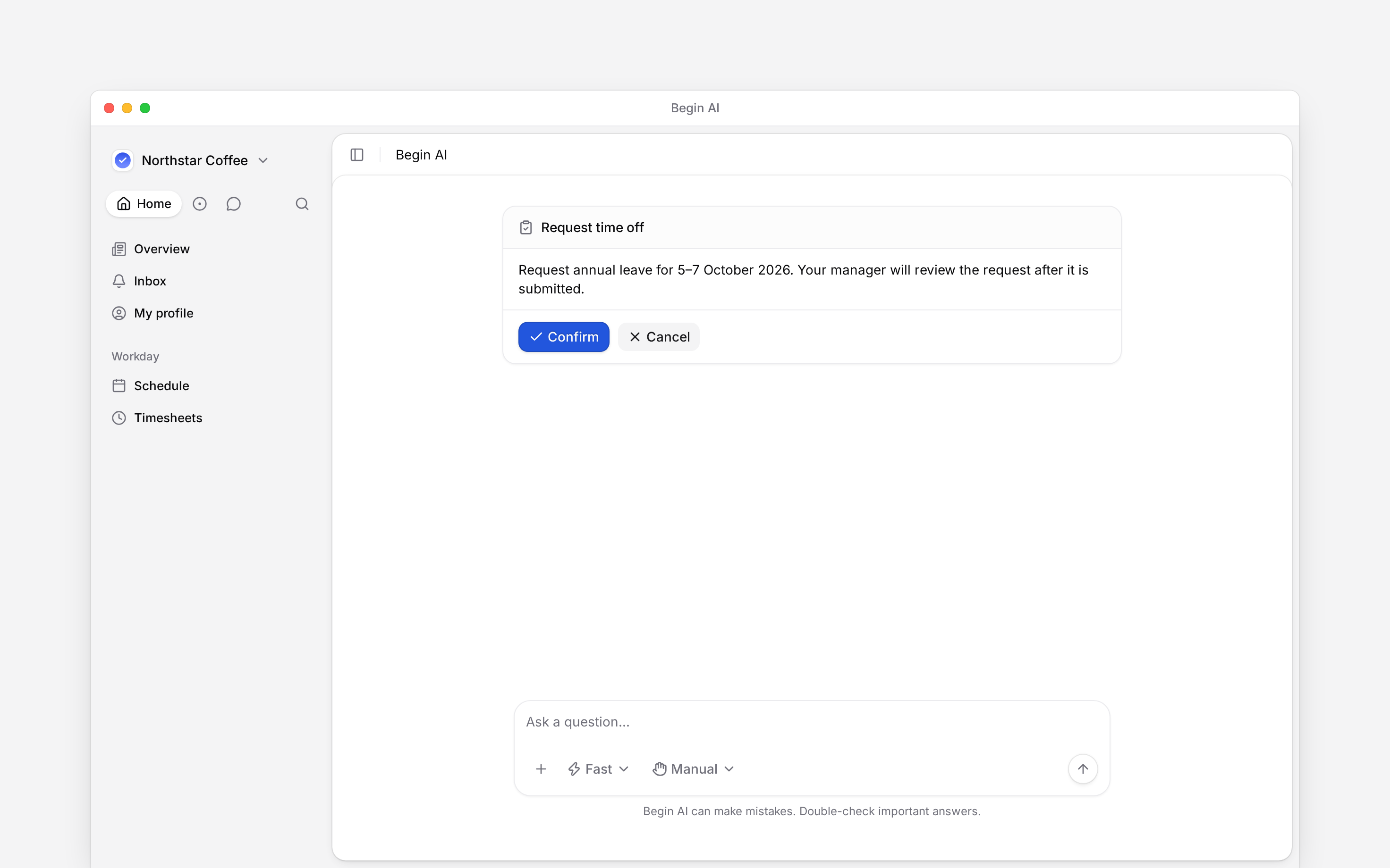 A Begin AI confirmation card for an employee time-off request