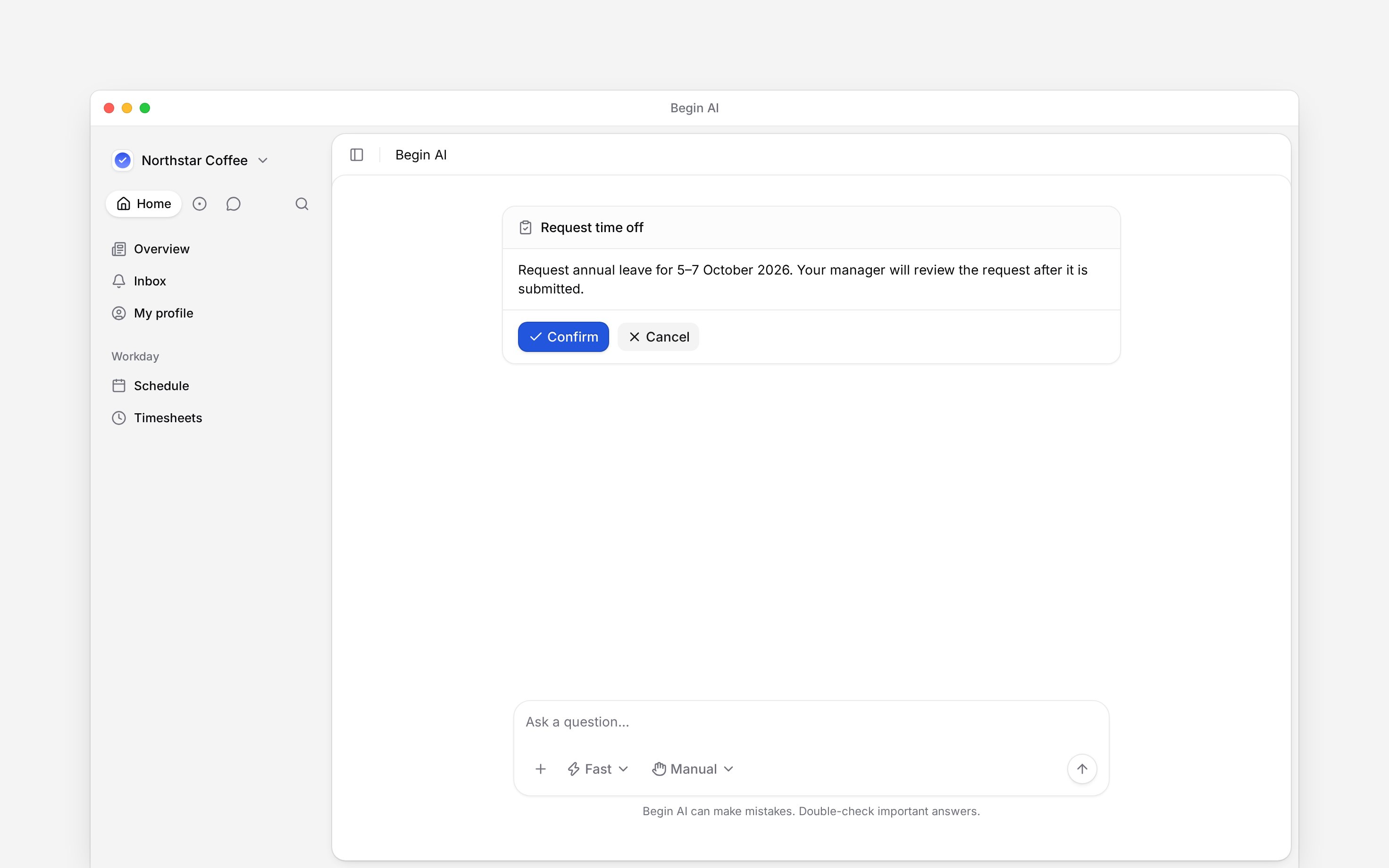 A Begin AI confirmation card for an employee time-off request