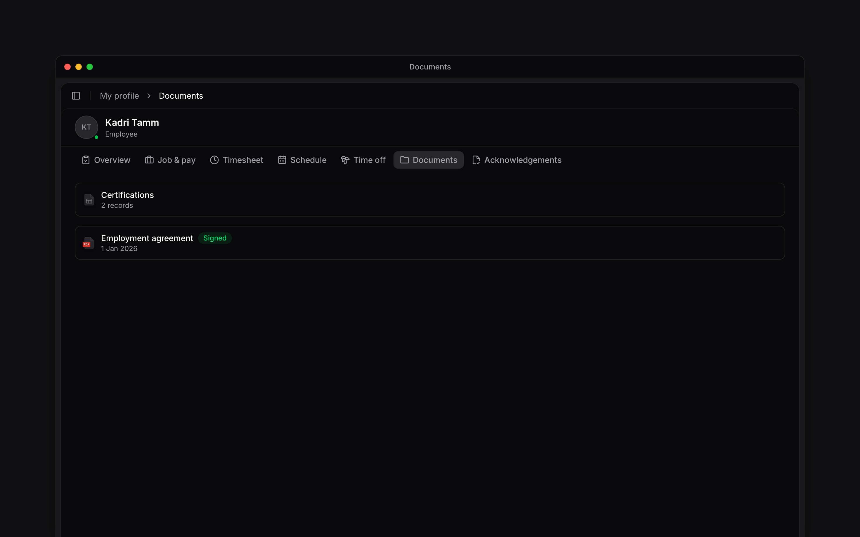 My profile Documents showing a certification table and personal agreement files
