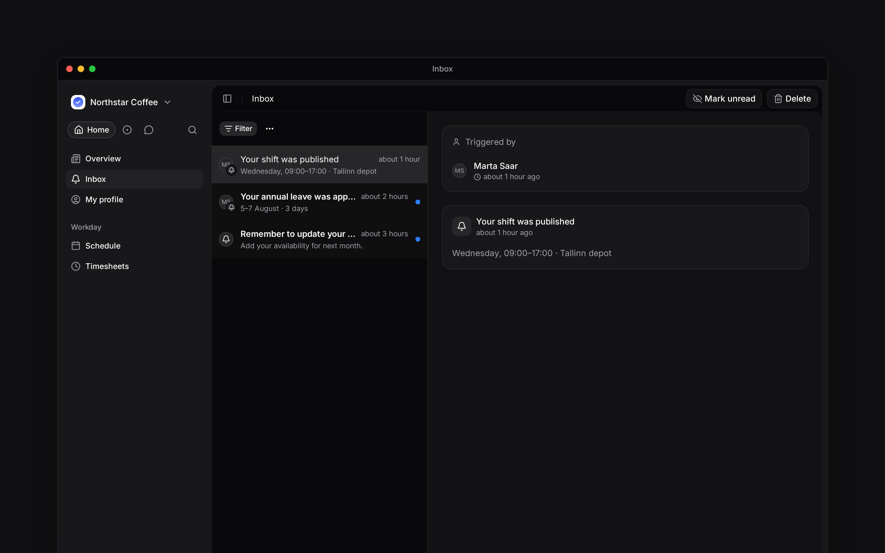 An employee Inbox containing personal shift updates and reminders