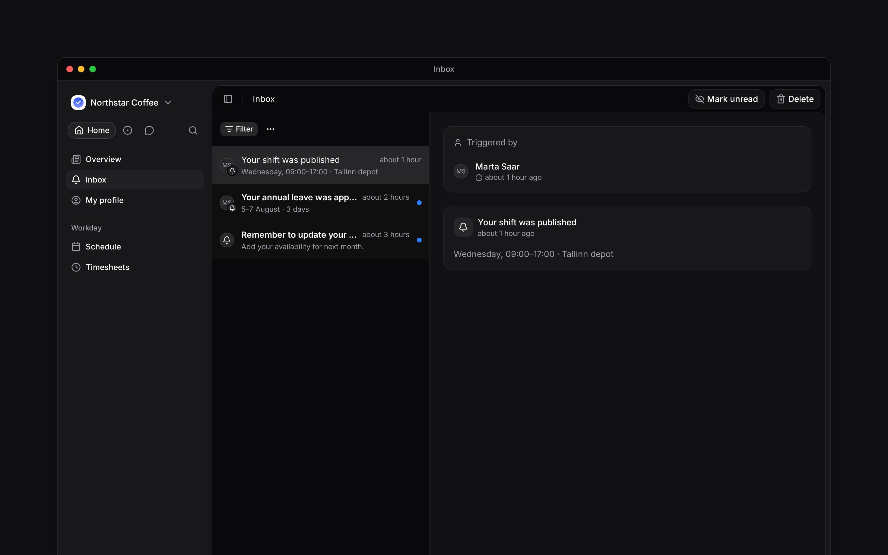 An employee Inbox containing personal shift updates and reminders