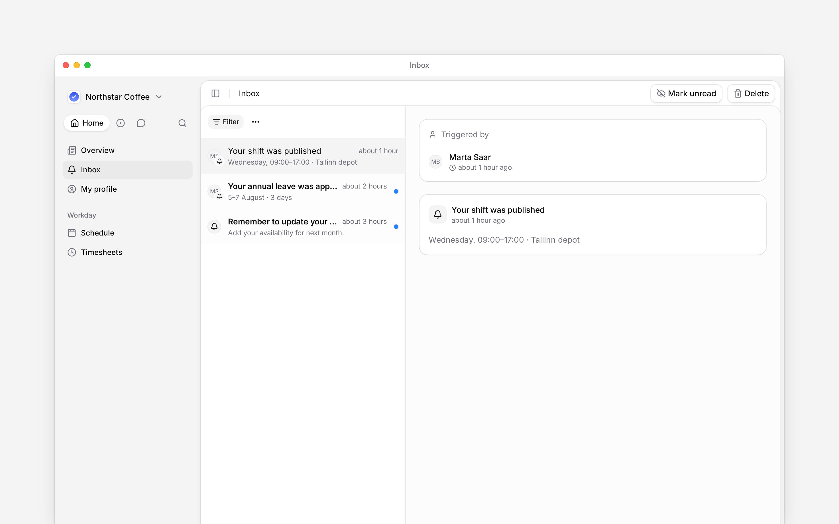 An employee Inbox containing personal shift updates and reminders