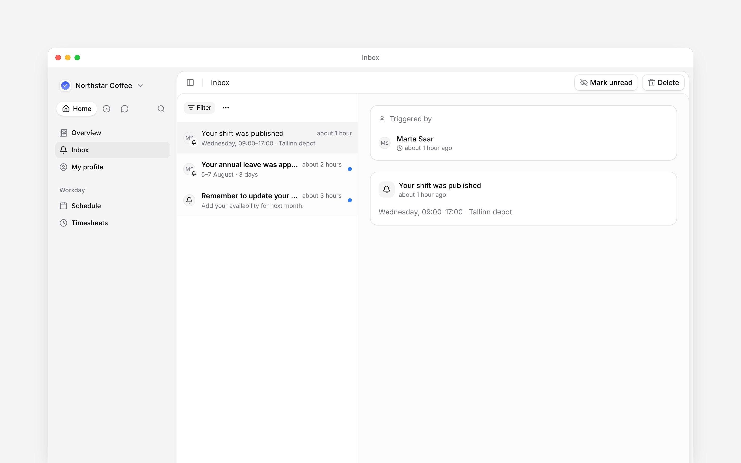 An employee Inbox containing personal shift updates and reminders