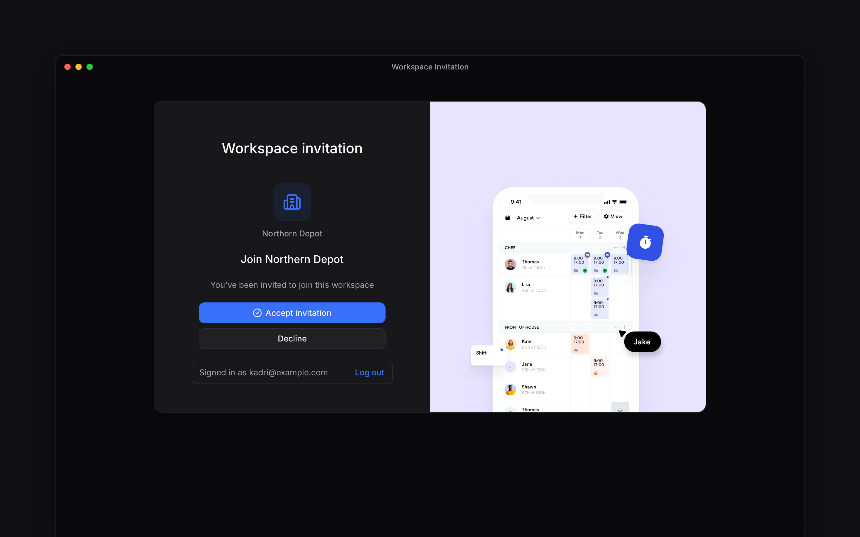 A workspace invitation with its accept and decline actions