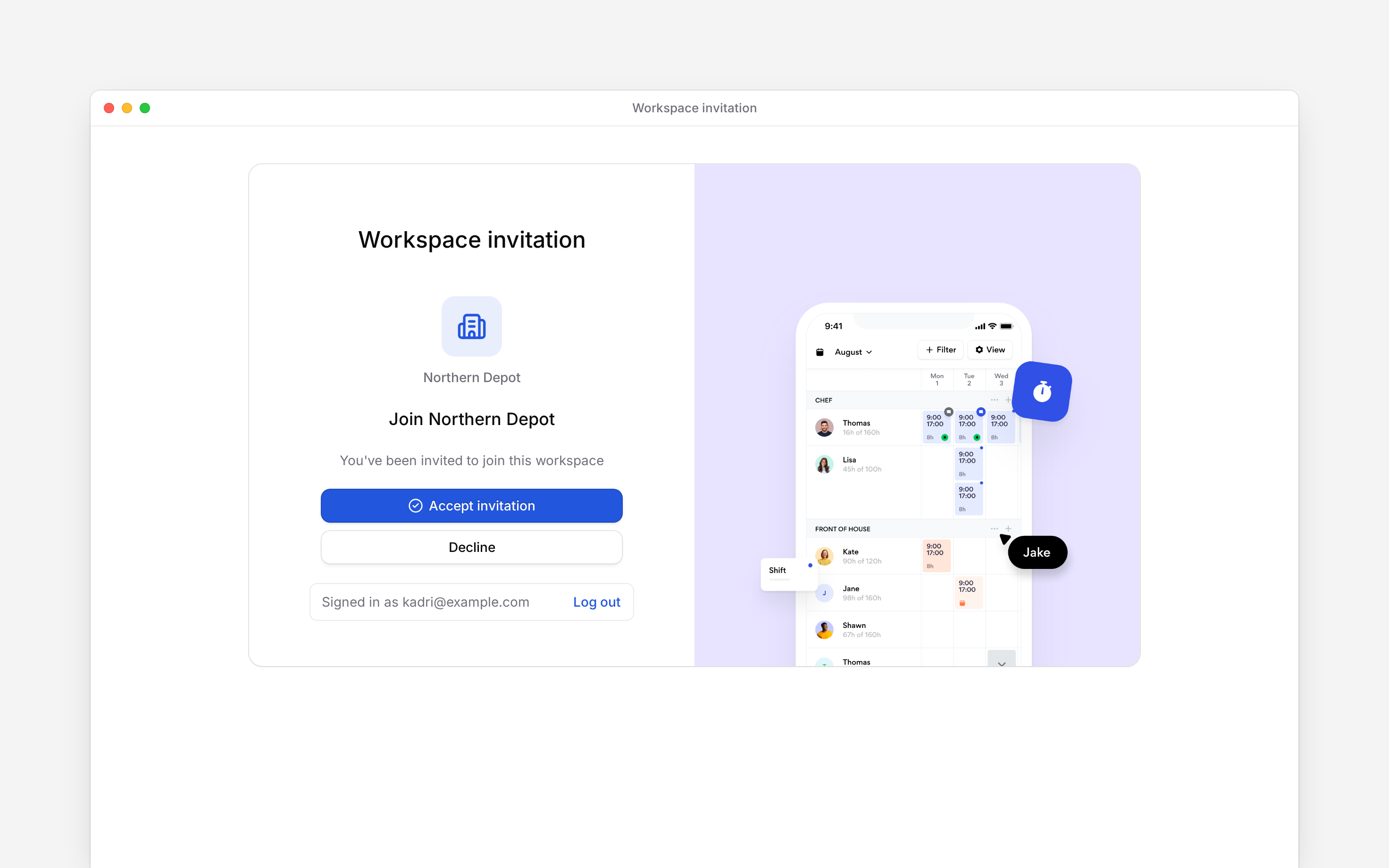A workspace invitation with its accept and decline actions