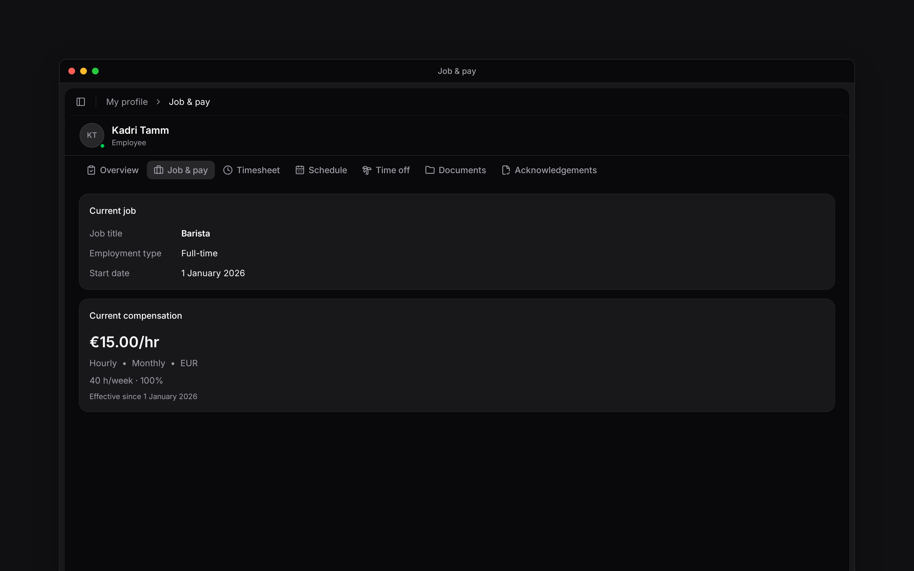 The employee Job and pay tab showing current job and compensation without editing actions