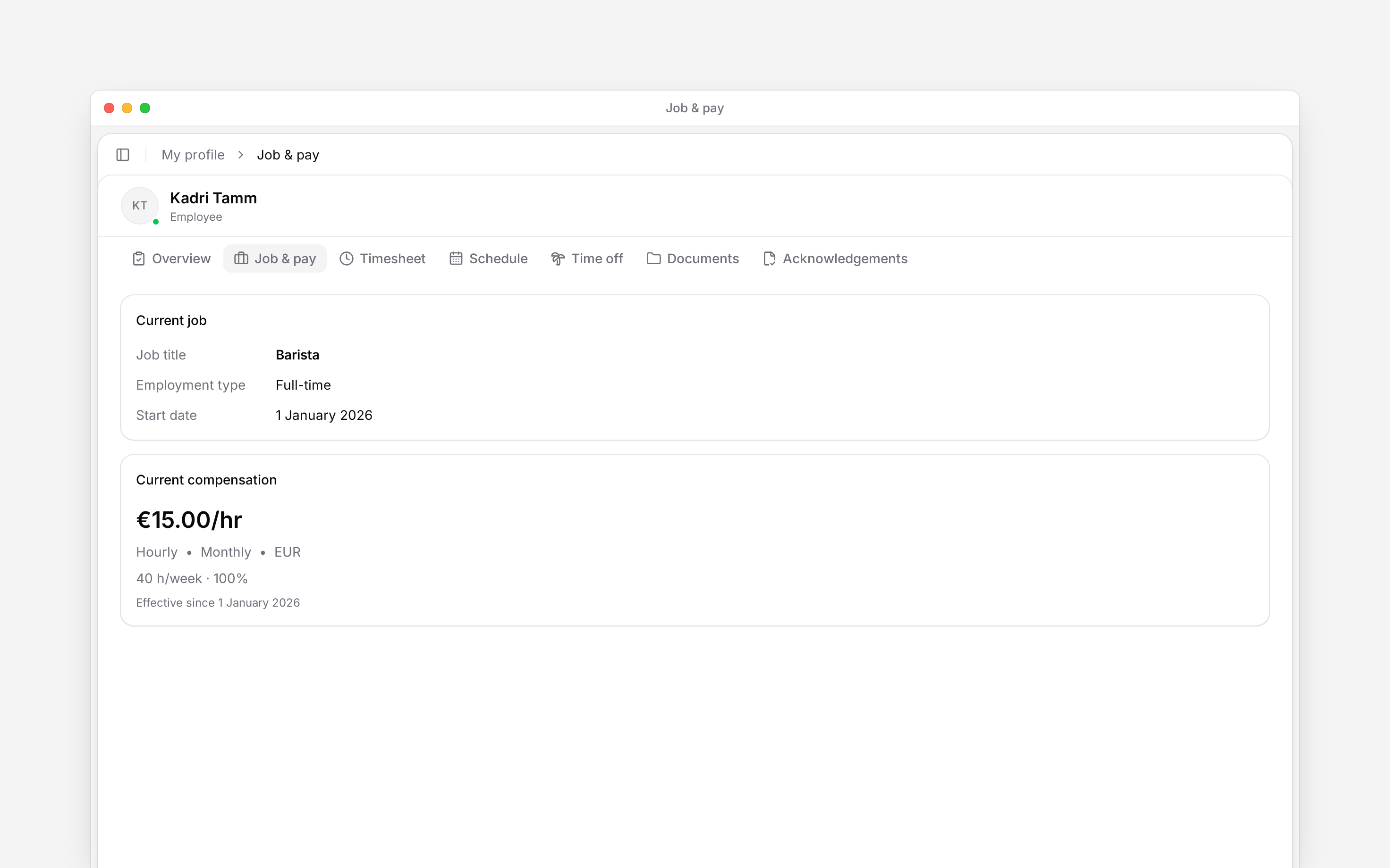 The employee Job and pay tab showing current job and compensation without editing actions