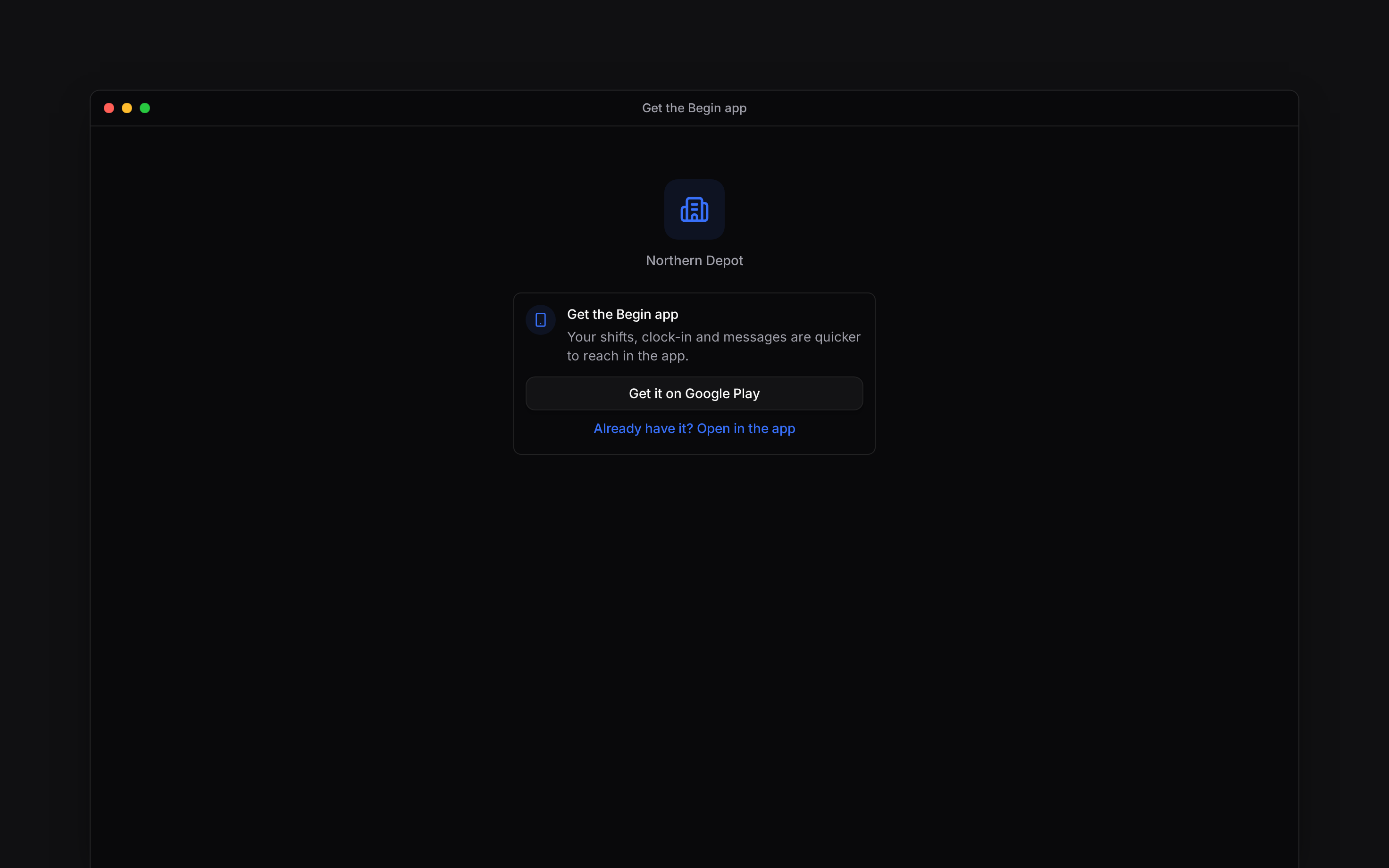 The invitation’s Get the Begin app card with its store link and Open in the app action