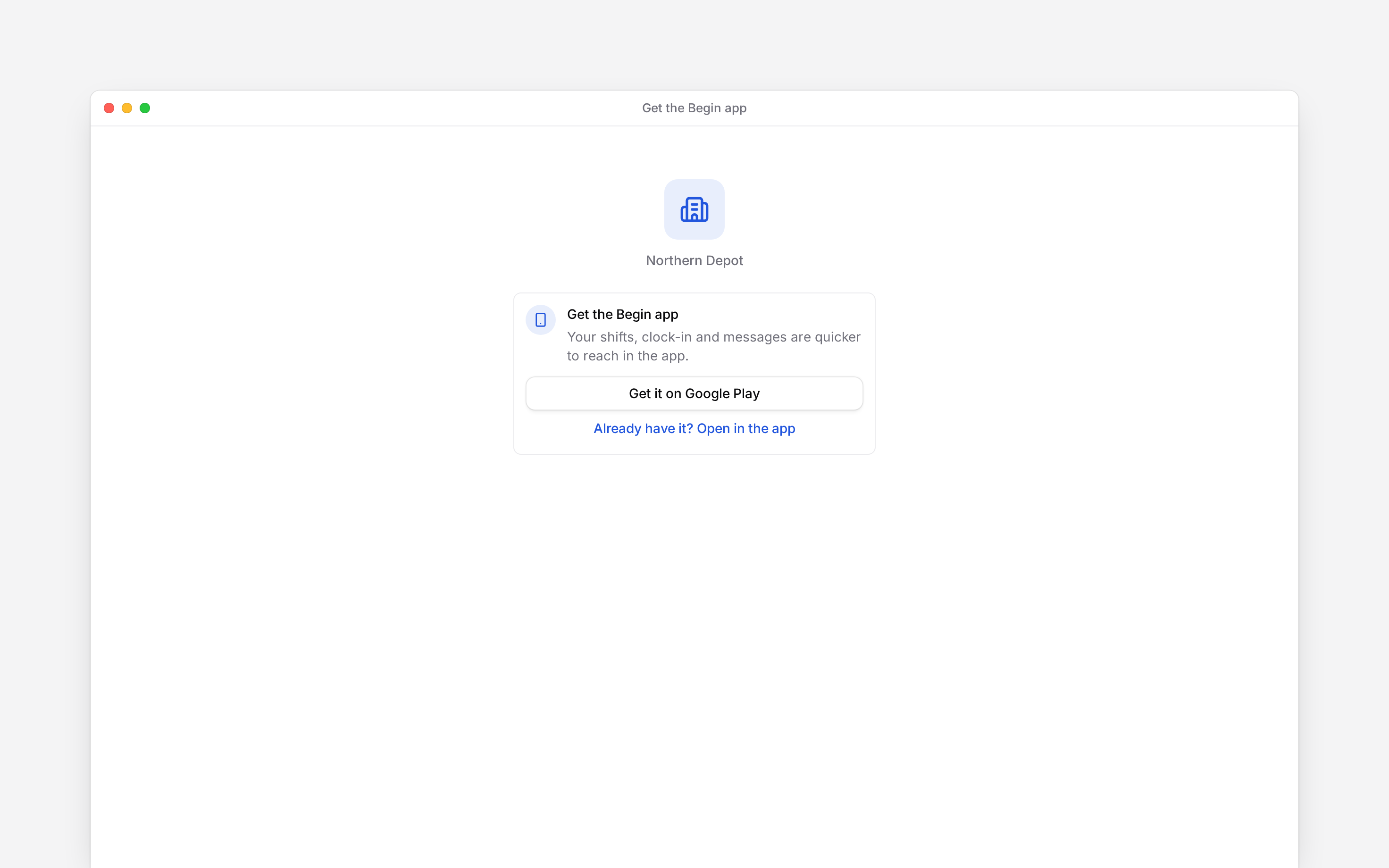 The invitation’s Get the Begin app card with its store link and Open in the app action