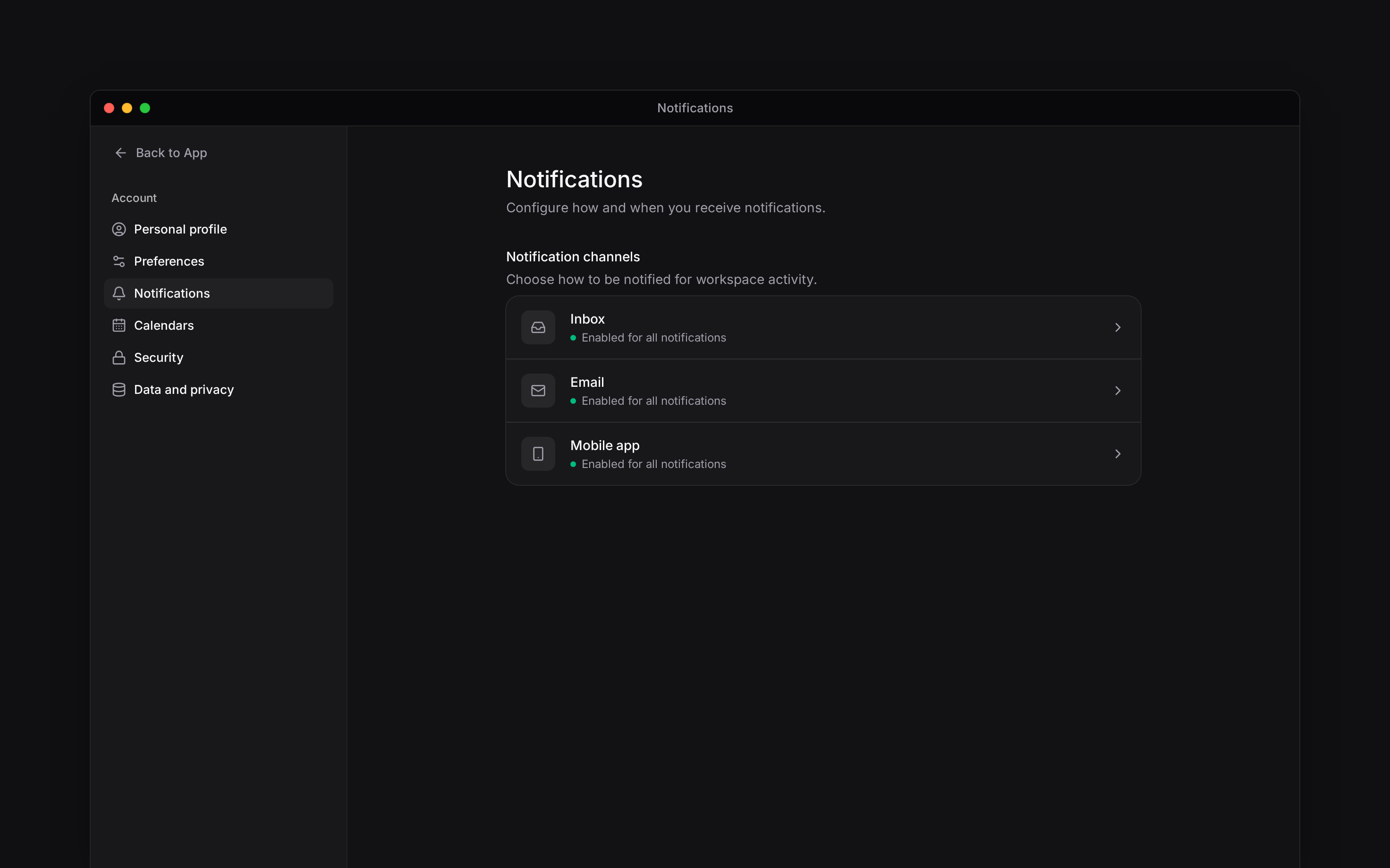The notification settings overview showing Inbox, Email and Mobile app
