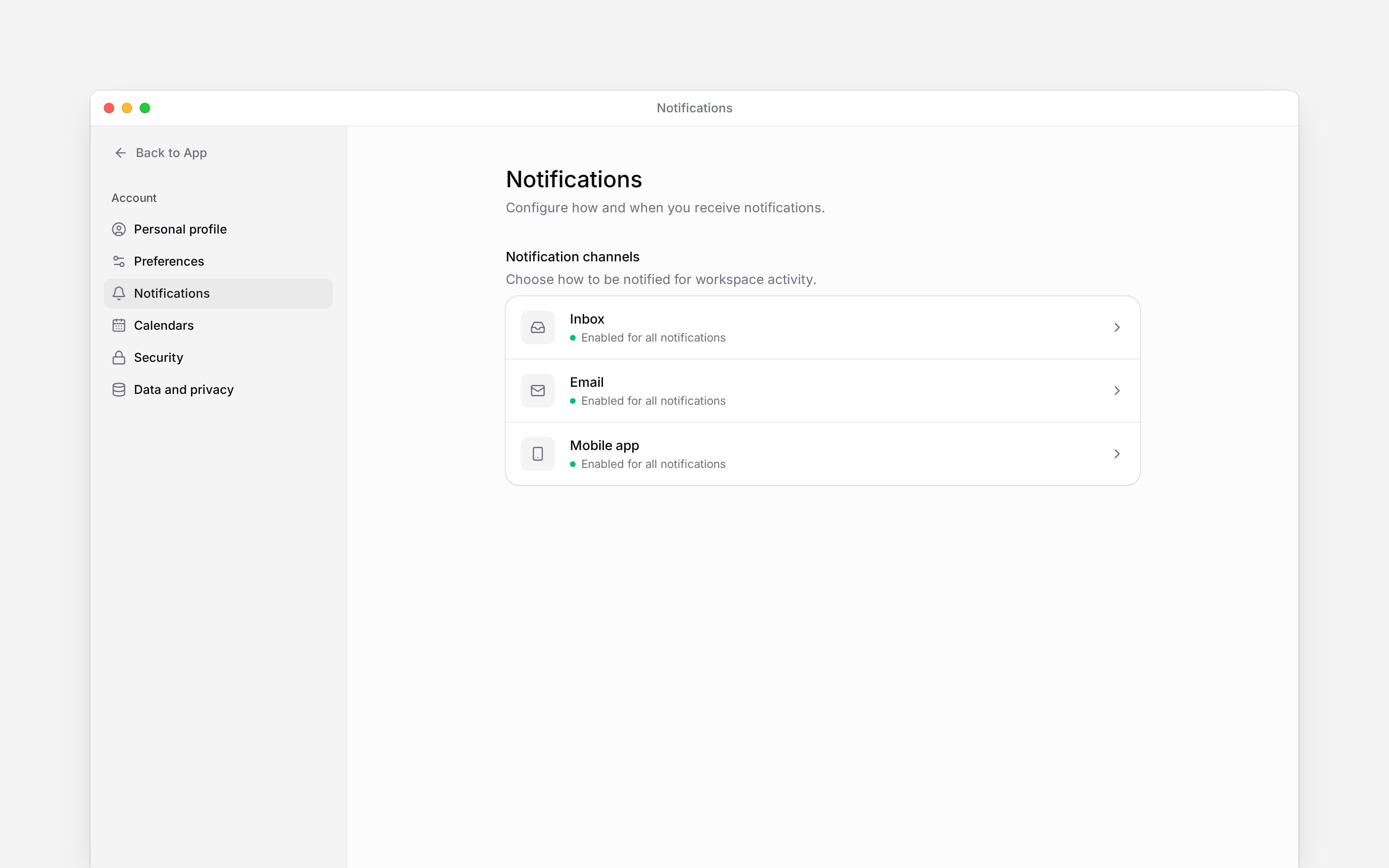 The notification settings overview showing Inbox, Email and Mobile app