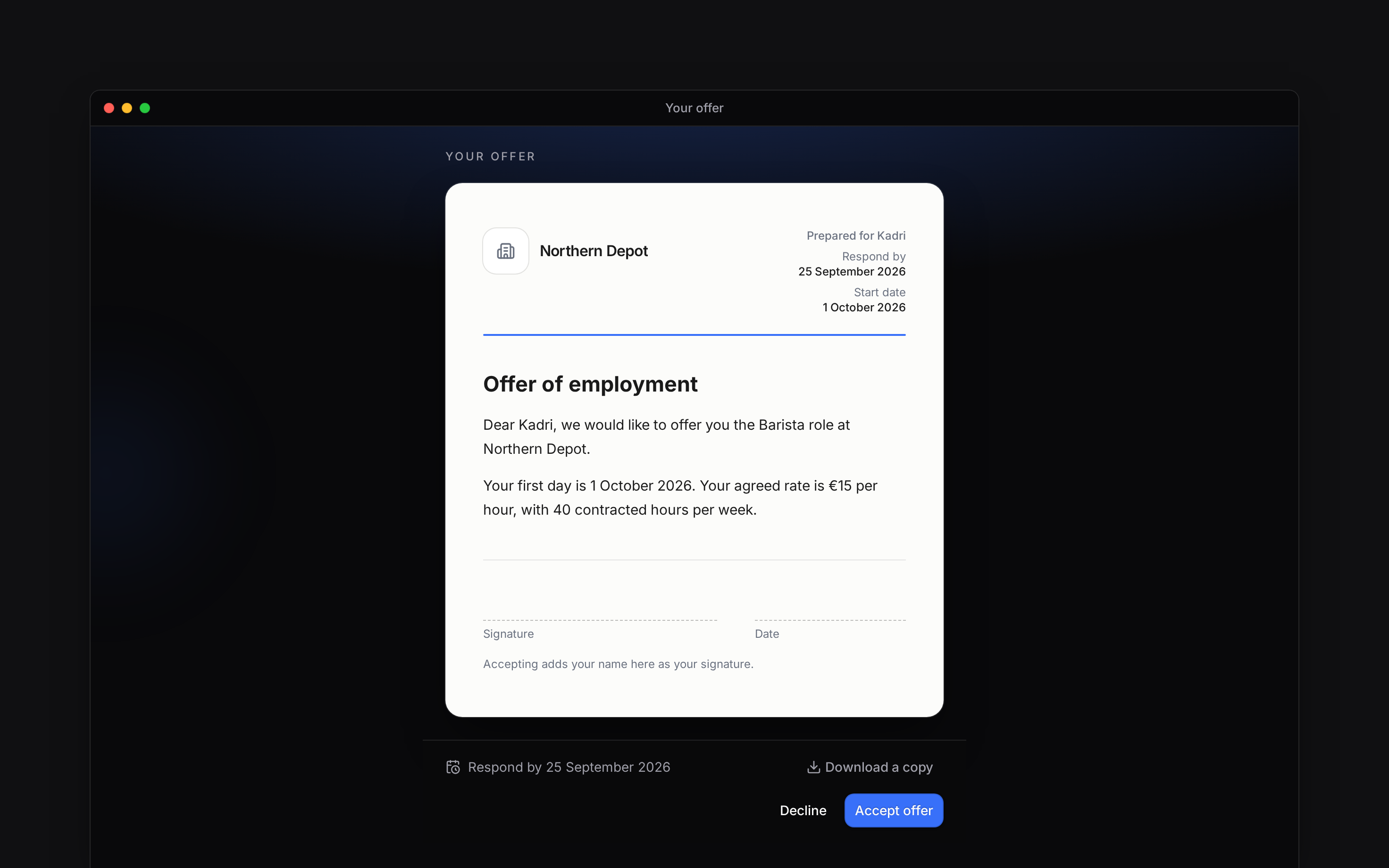 The offer letter with Download a copy, Accept offer and Decline actions