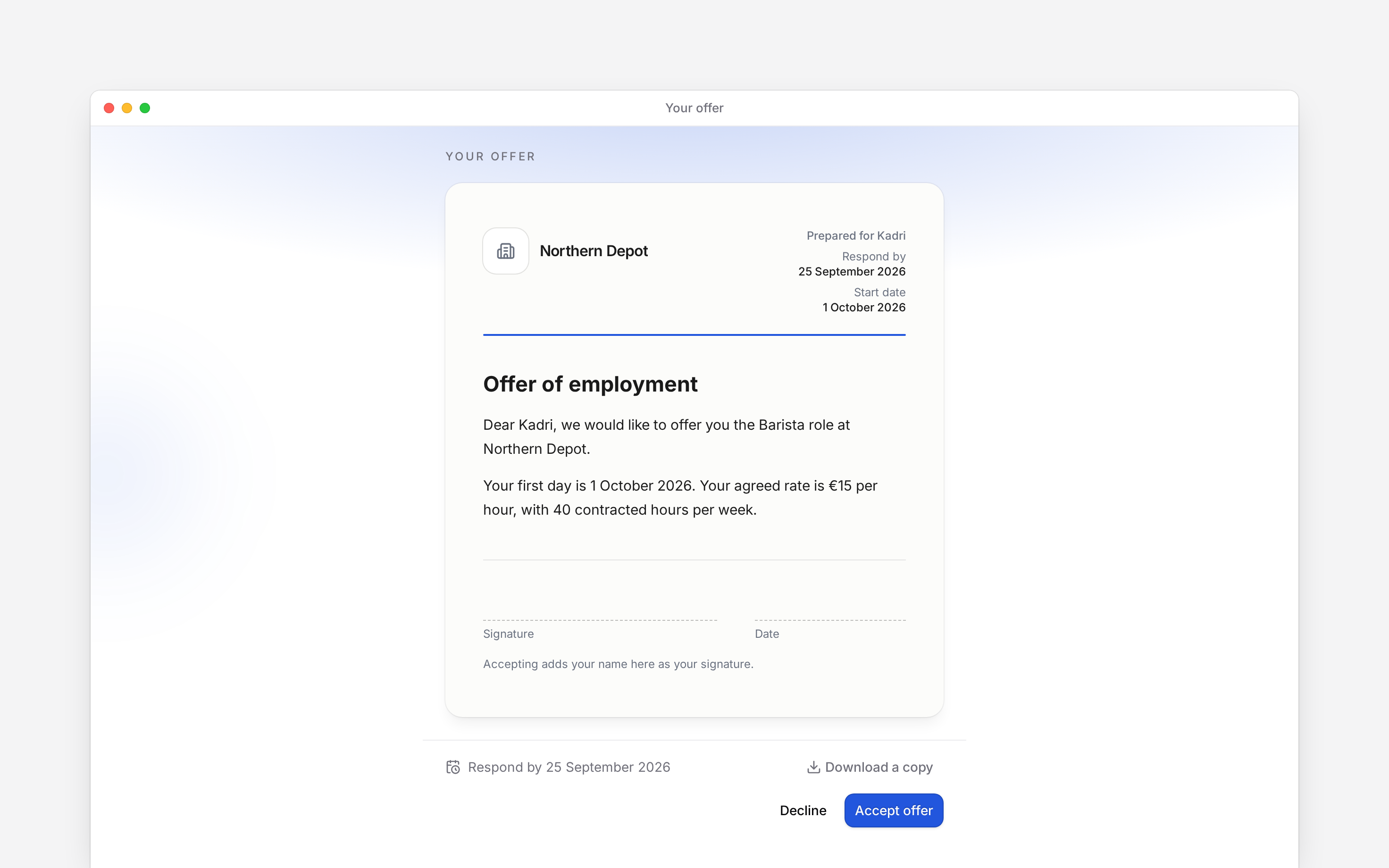 The offer letter with Download a copy, Accept offer and Decline actions