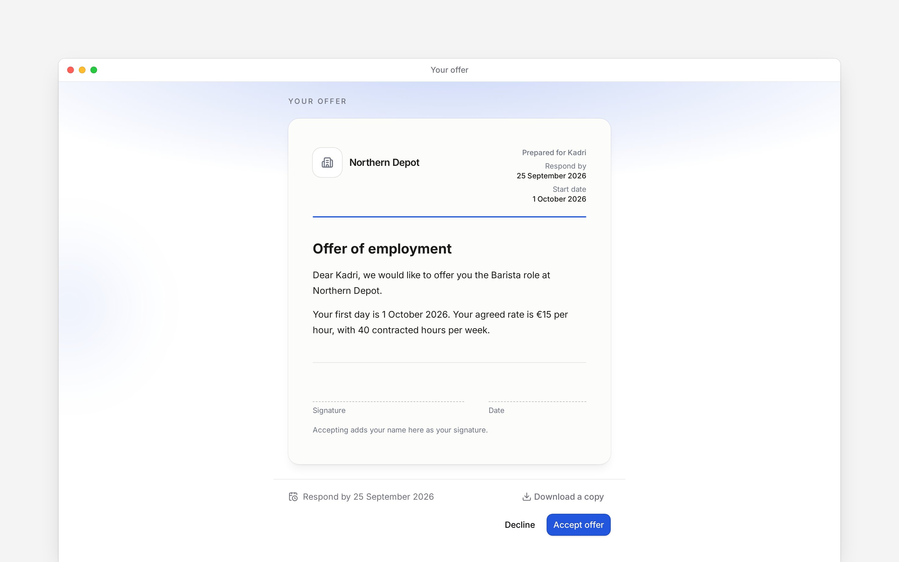 The offer letter with Download a copy, Accept offer and Decline actions