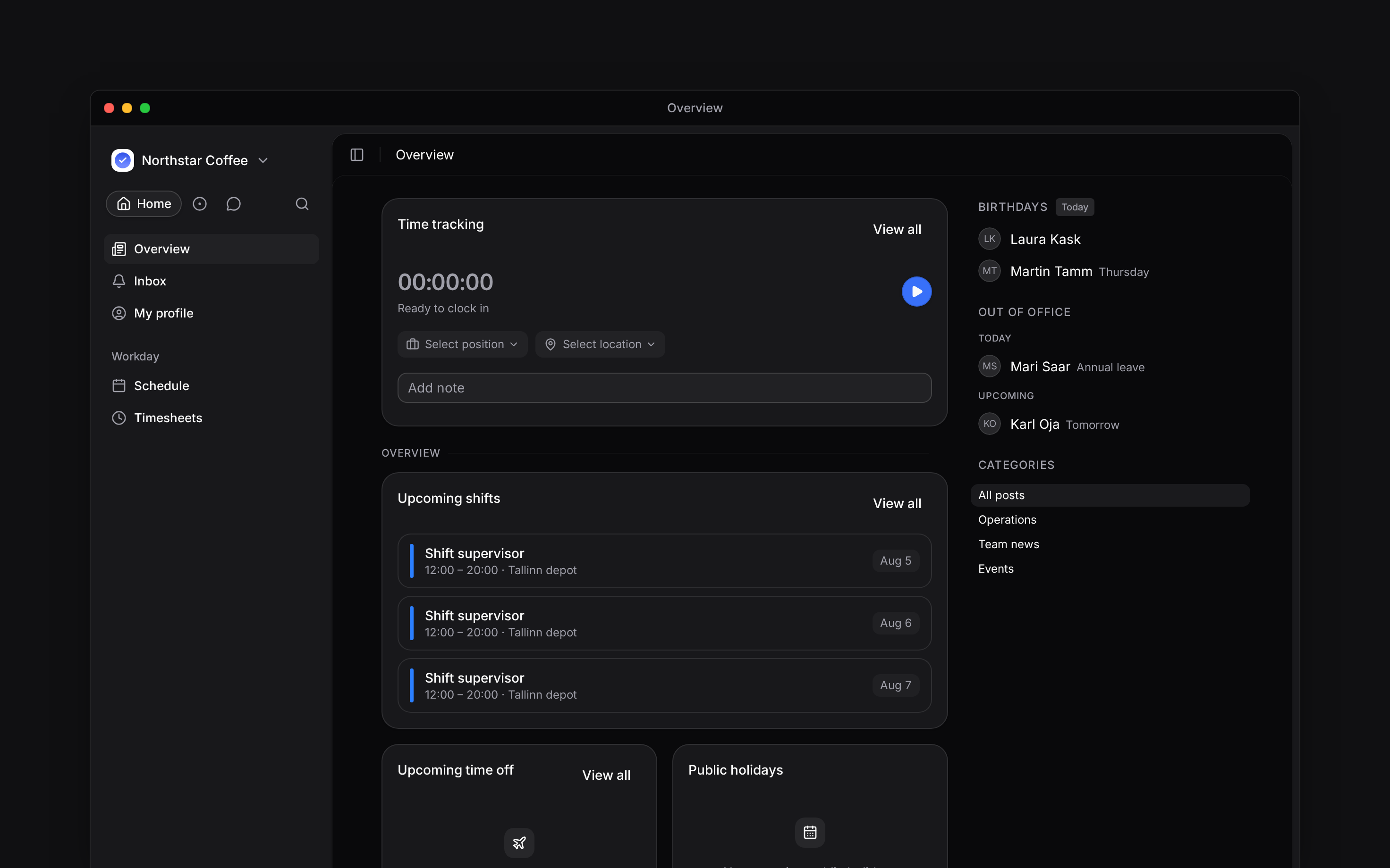 The employee Overview with personal work cards and navigation