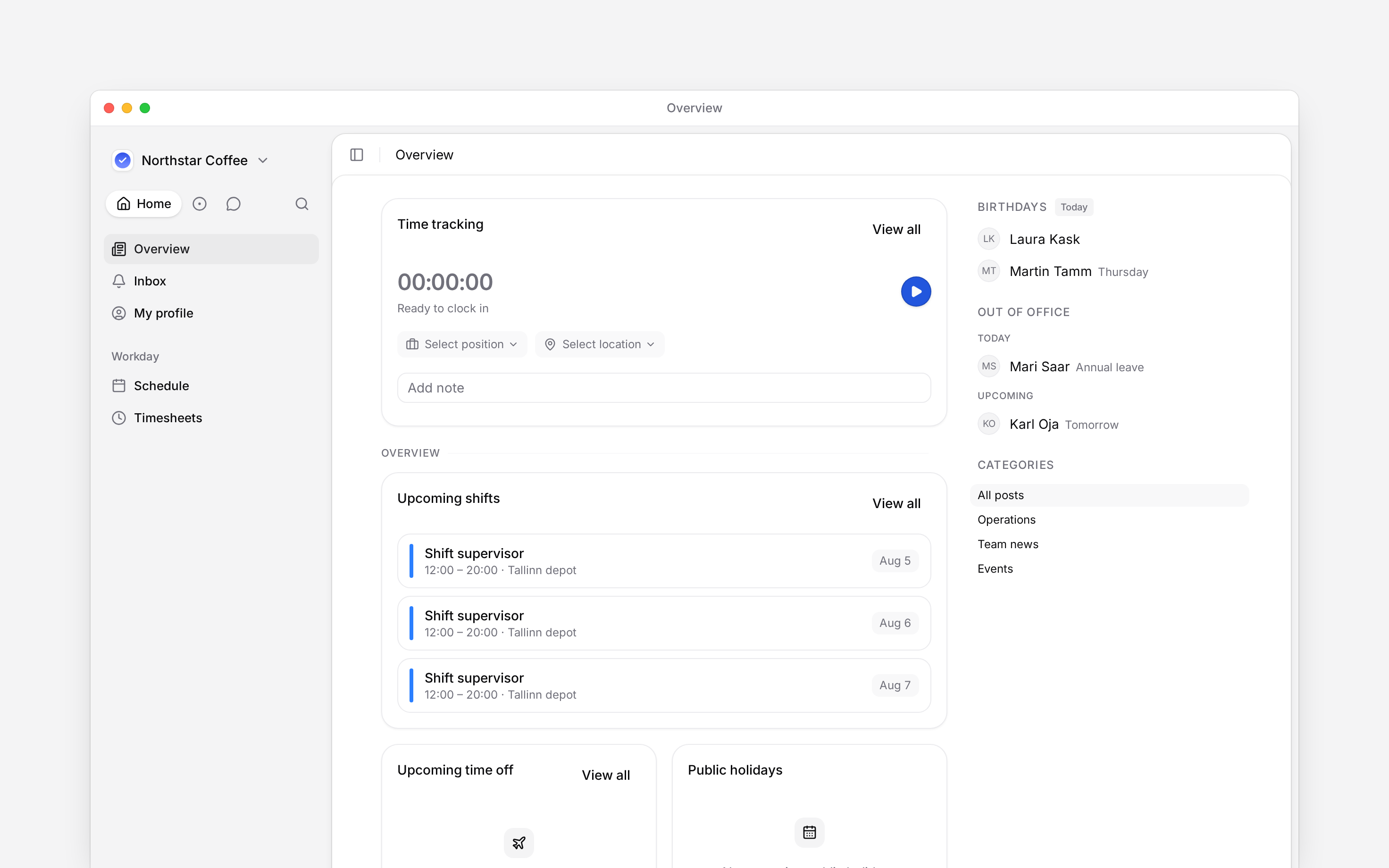 The employee Overview with personal work cards and navigation
