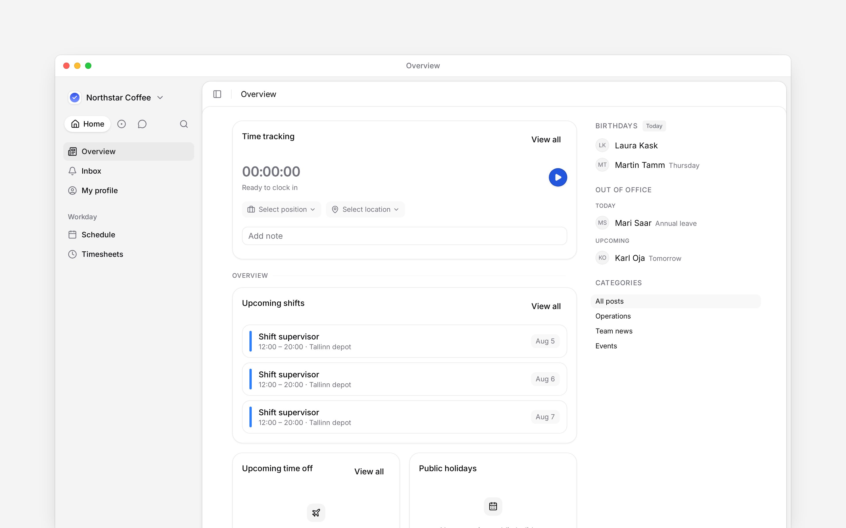 The employee Overview with personal work cards and navigation