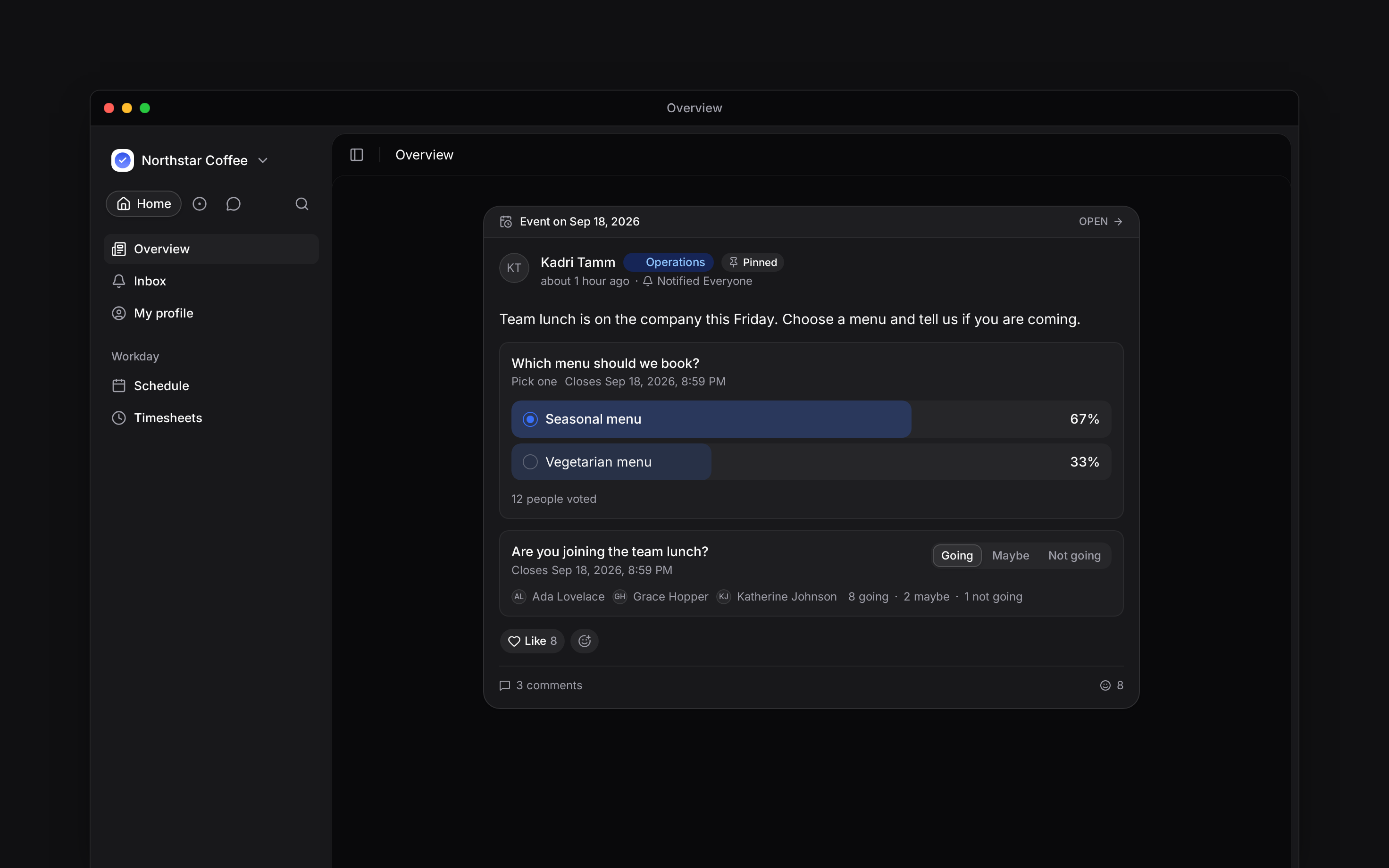 A company lunch poll with recorded votes and Going, Maybe and Not going responses