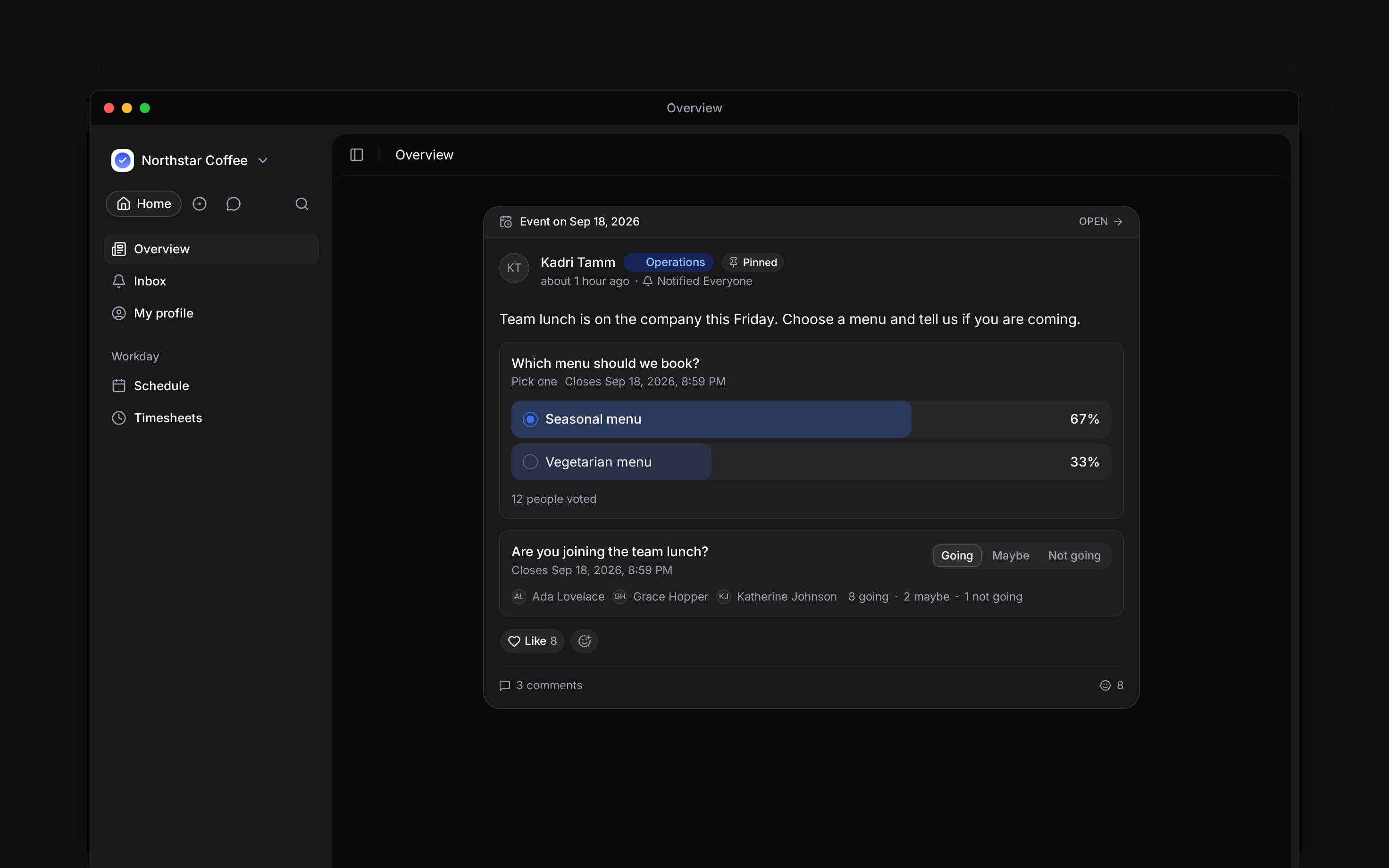 A company lunch poll with recorded votes and Going, Maybe and Not going responses
