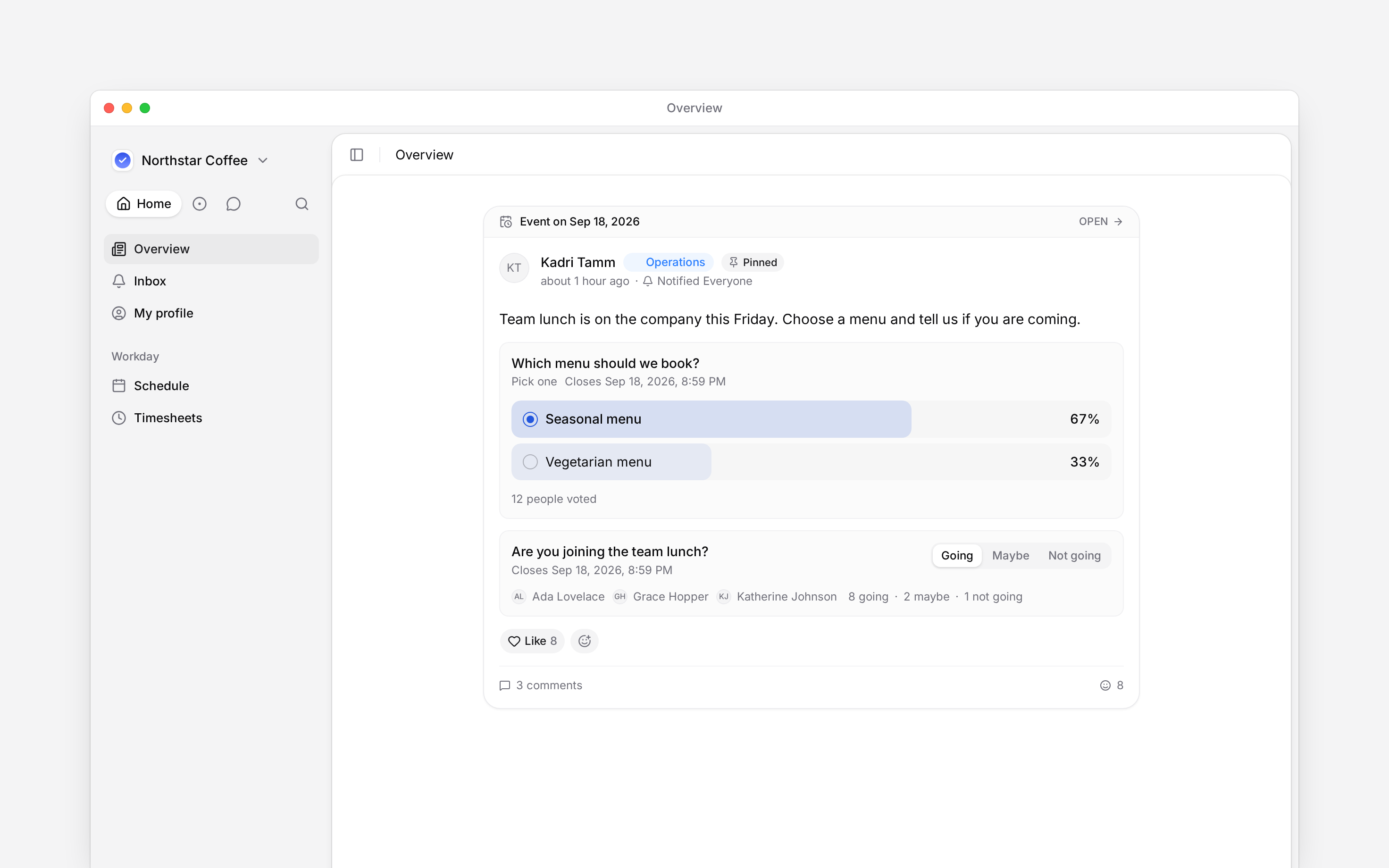 A company lunch poll with recorded votes and Going, Maybe and Not going responses
