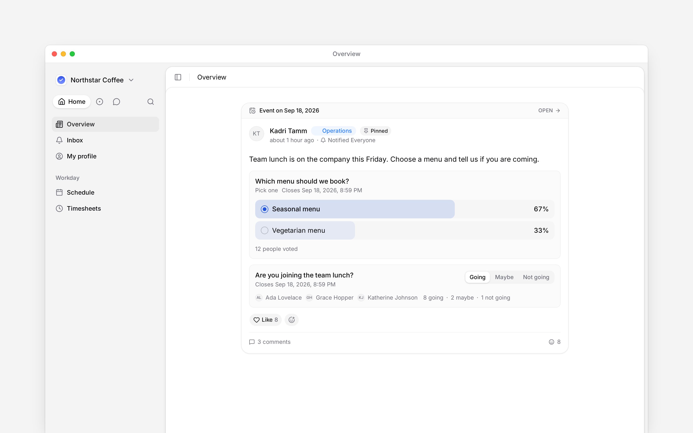 A company lunch poll with recorded votes and Going, Maybe and Not going responses