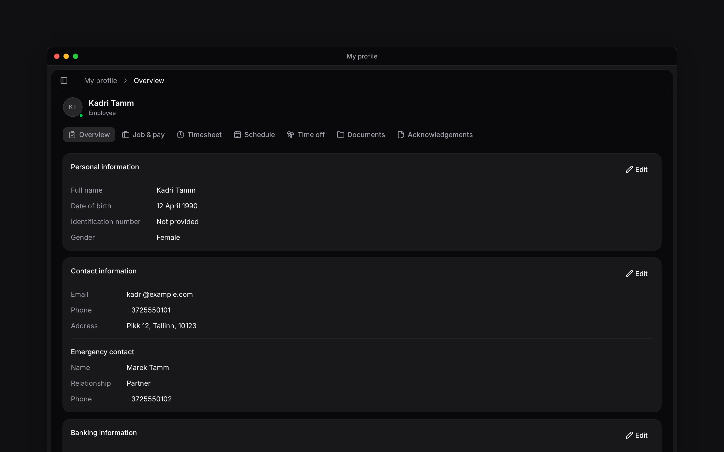 My profile with its tabs and personal-information cards