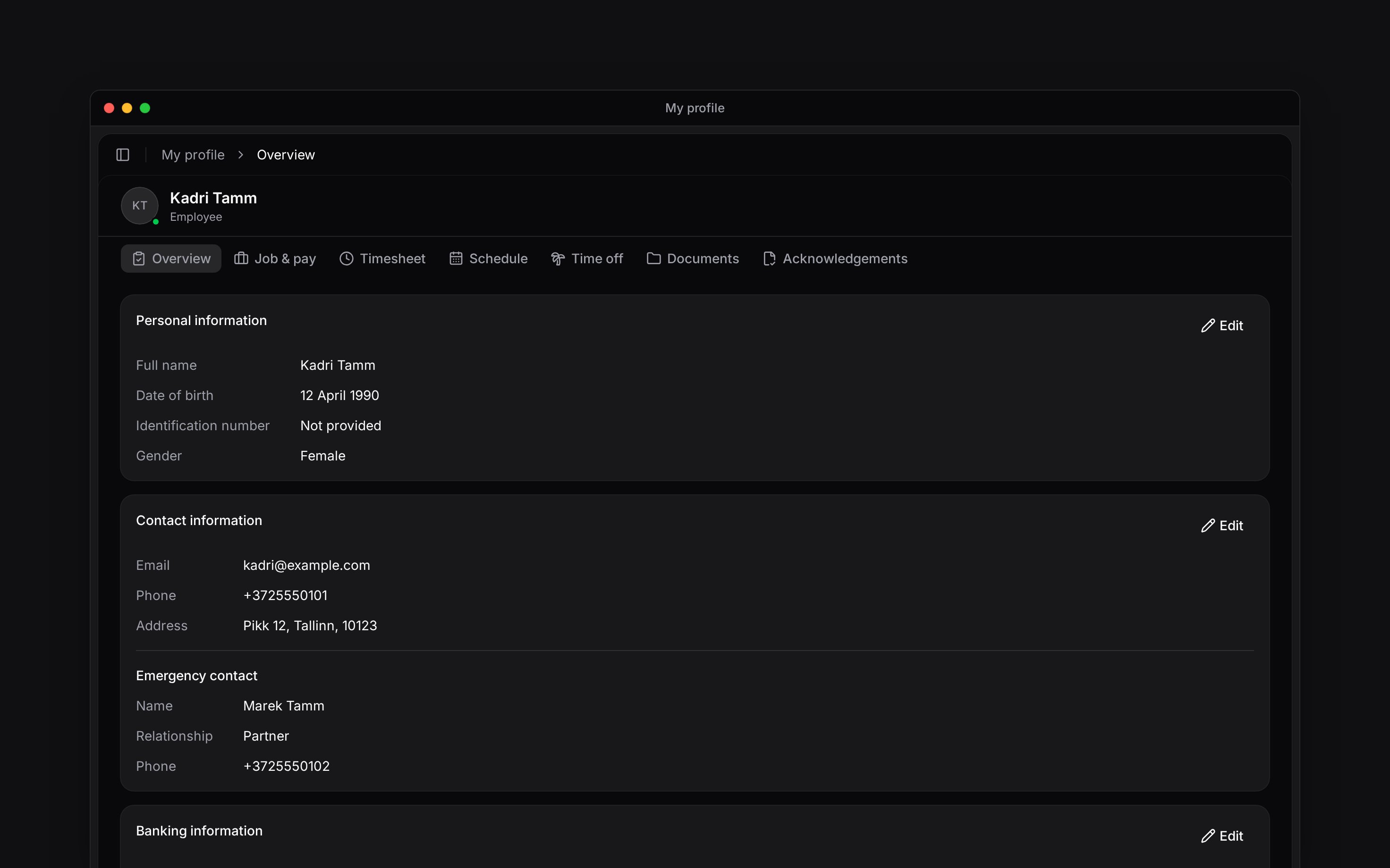 My profile with its tabs and personal-information cards
