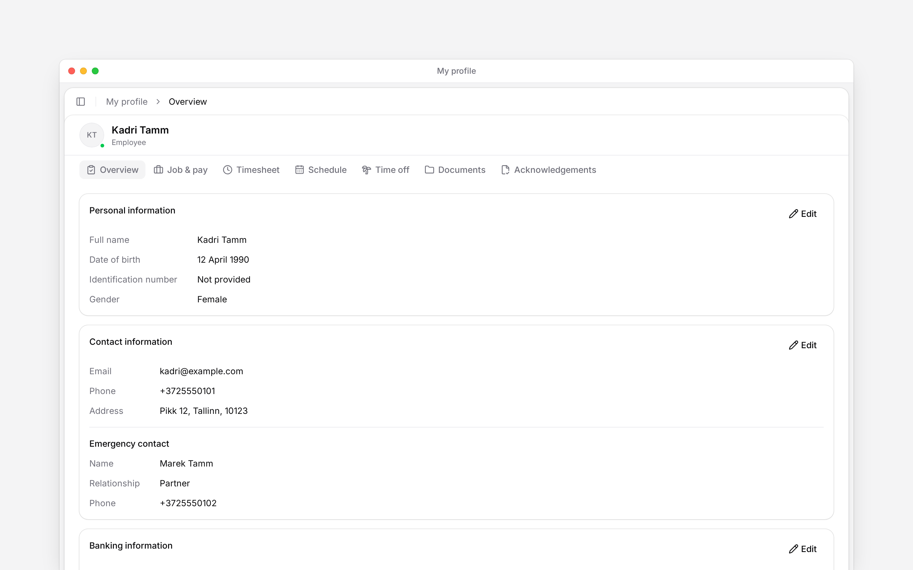 My profile with its tabs and personal-information cards