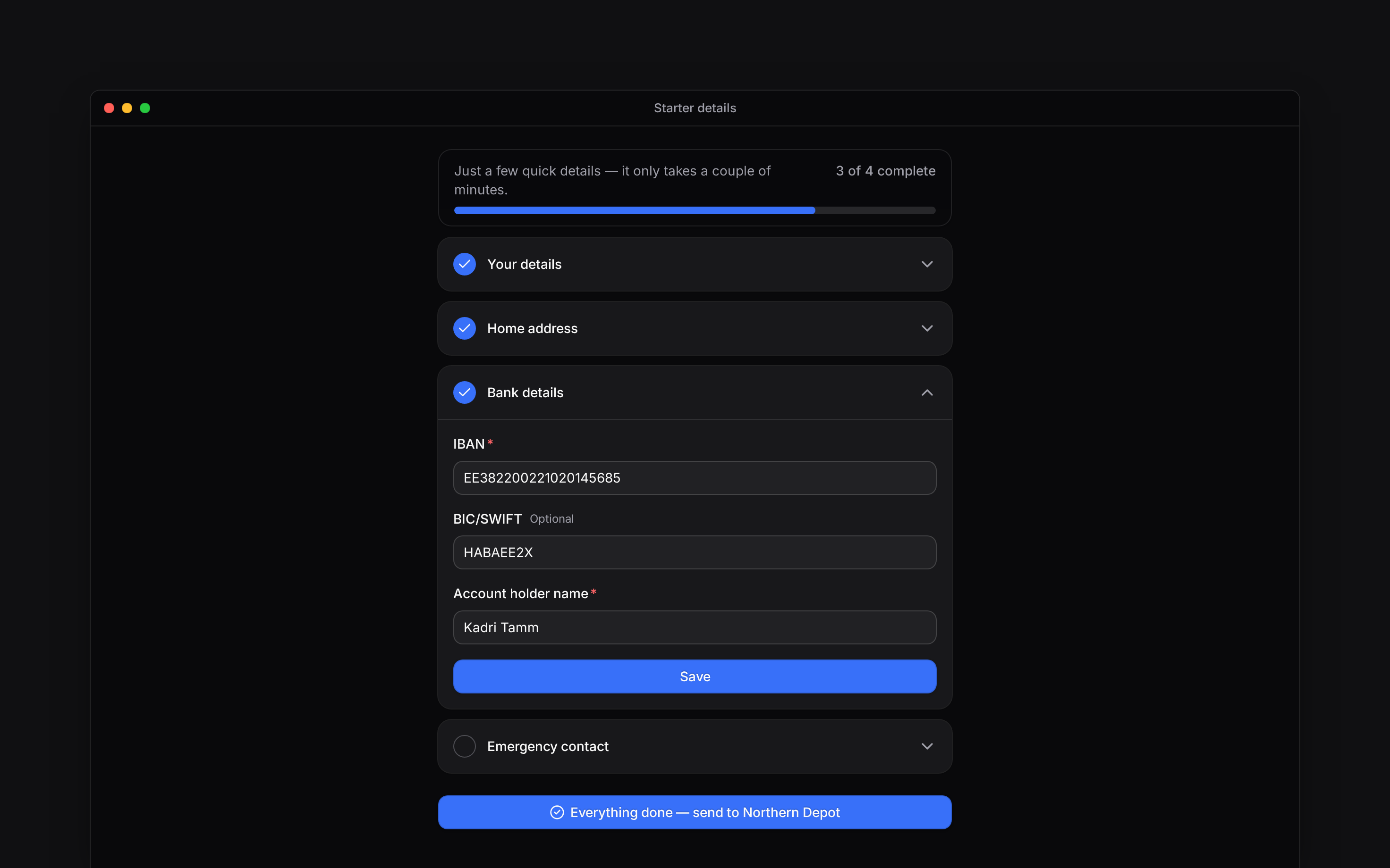 The starter-details form with its progress counter and saved sections