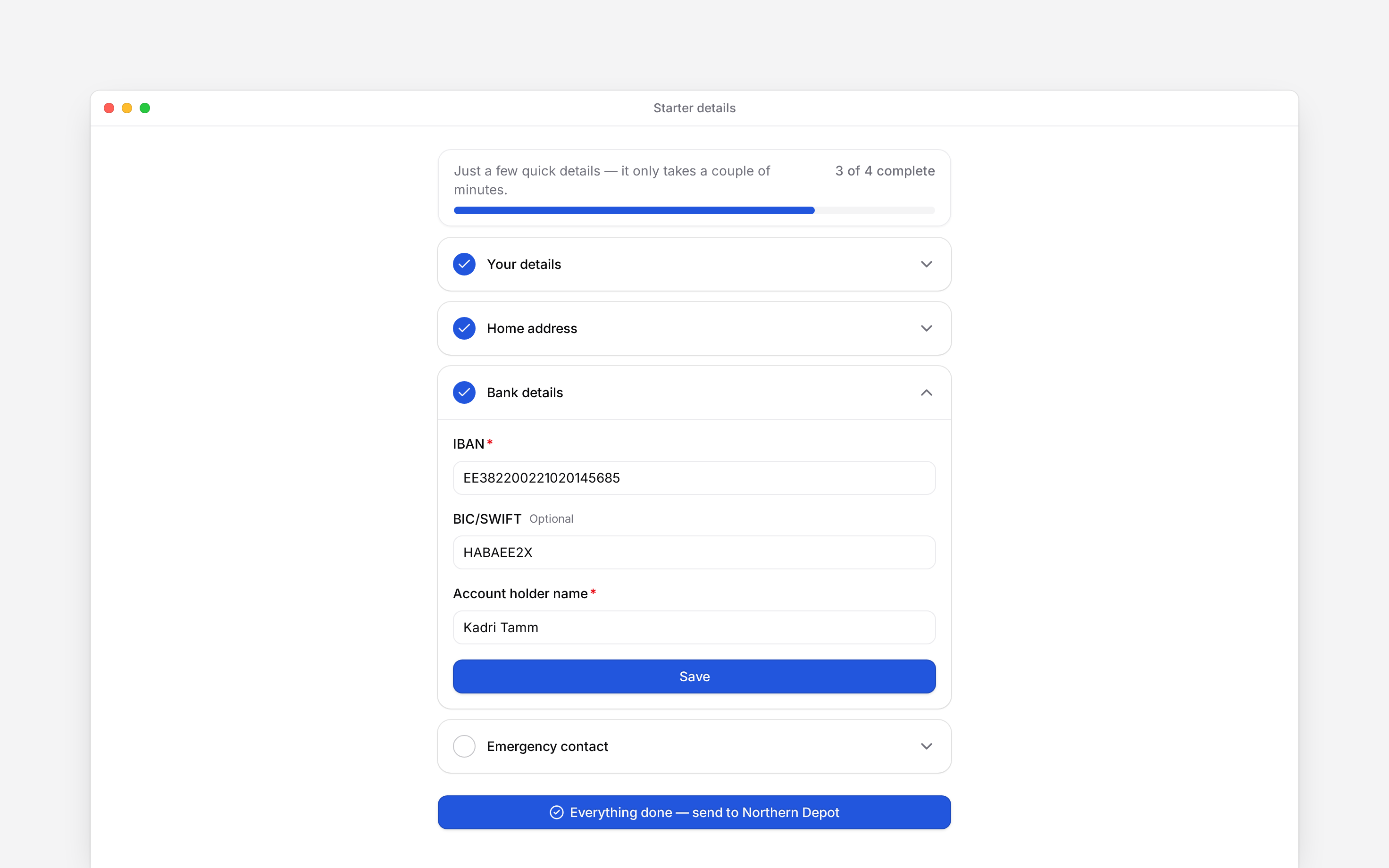 The starter-details form with its progress counter and saved sections