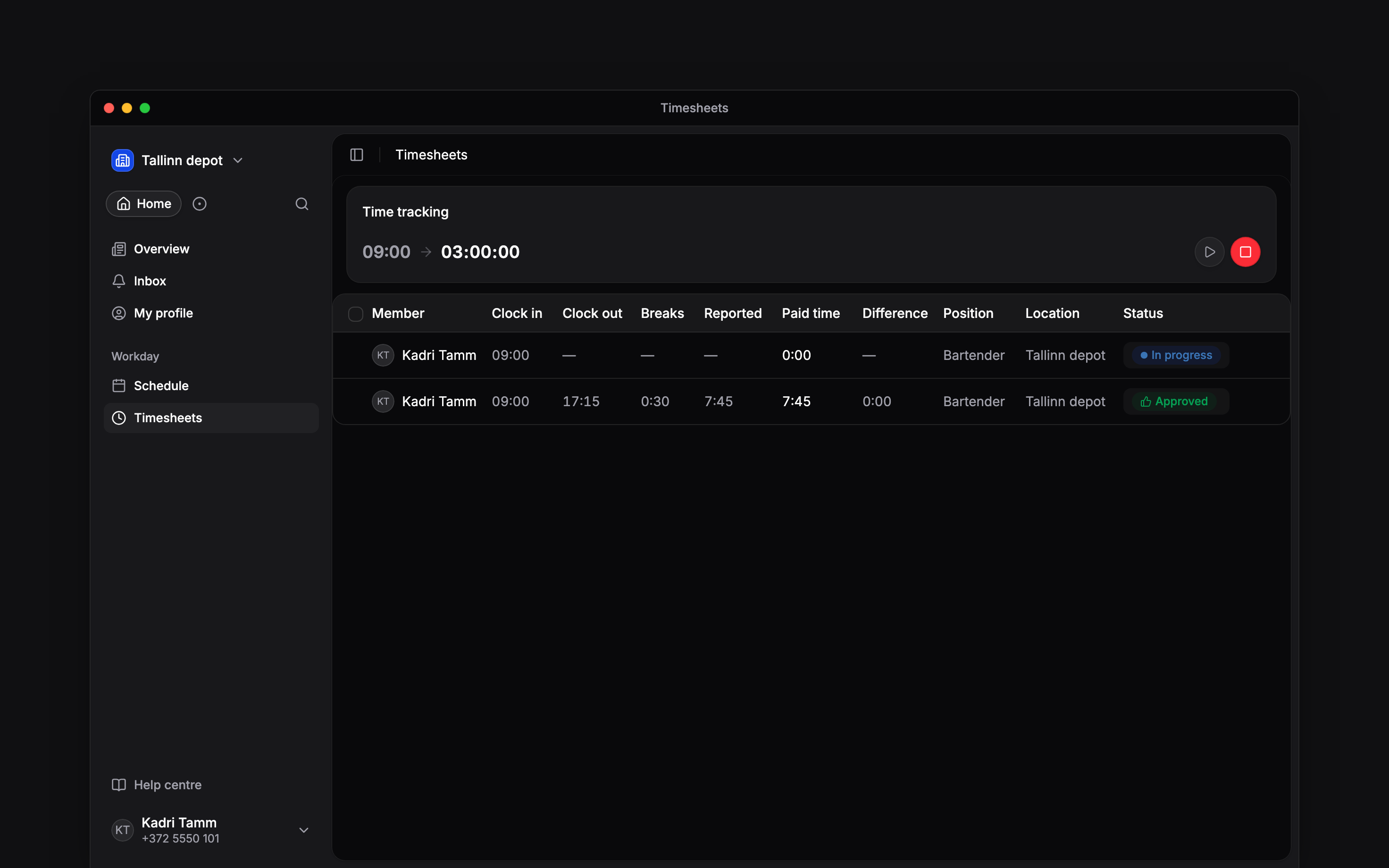 Your timer on a break with Resume beside Clock out