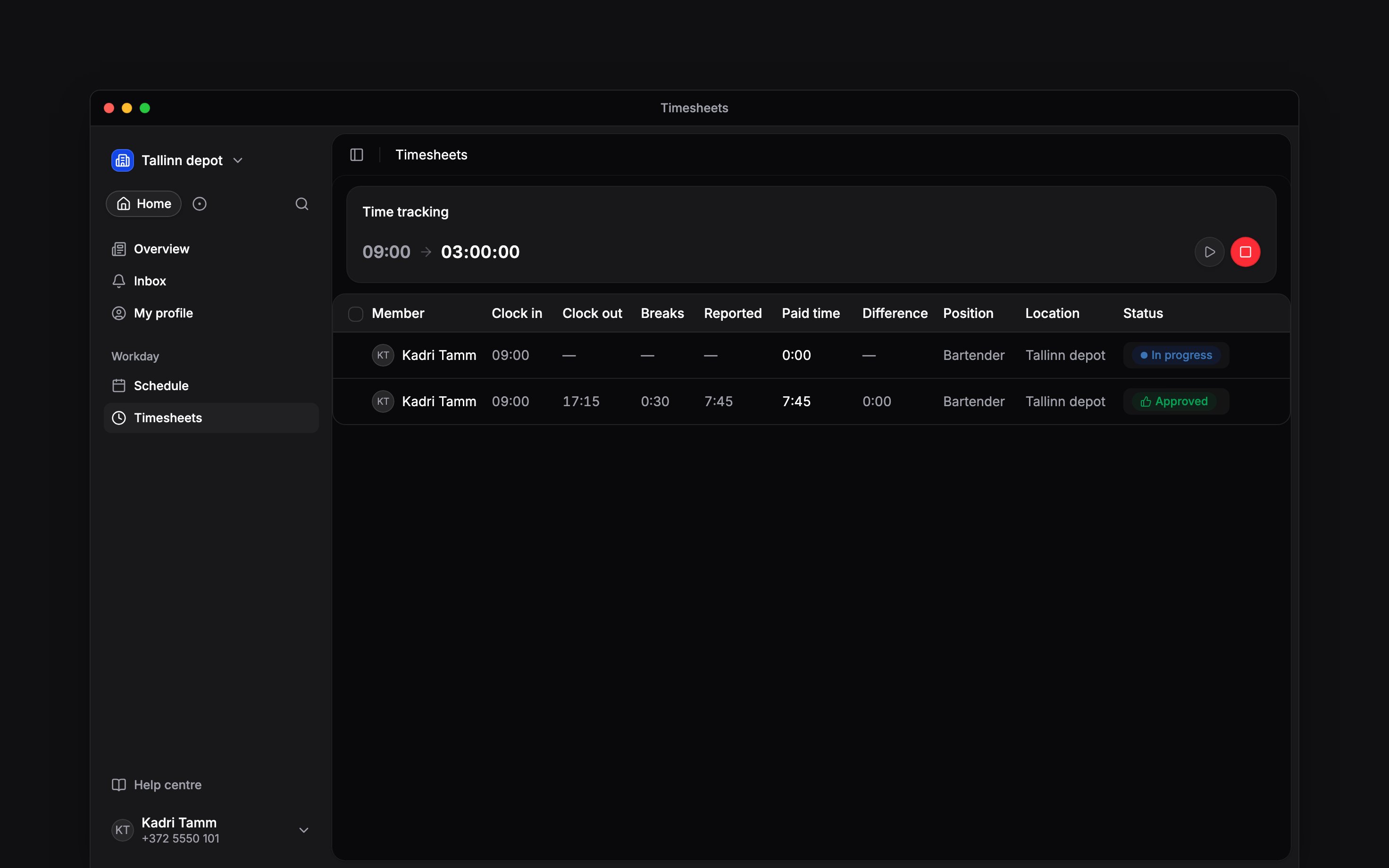 Your timer on a break with Resume beside Clock out