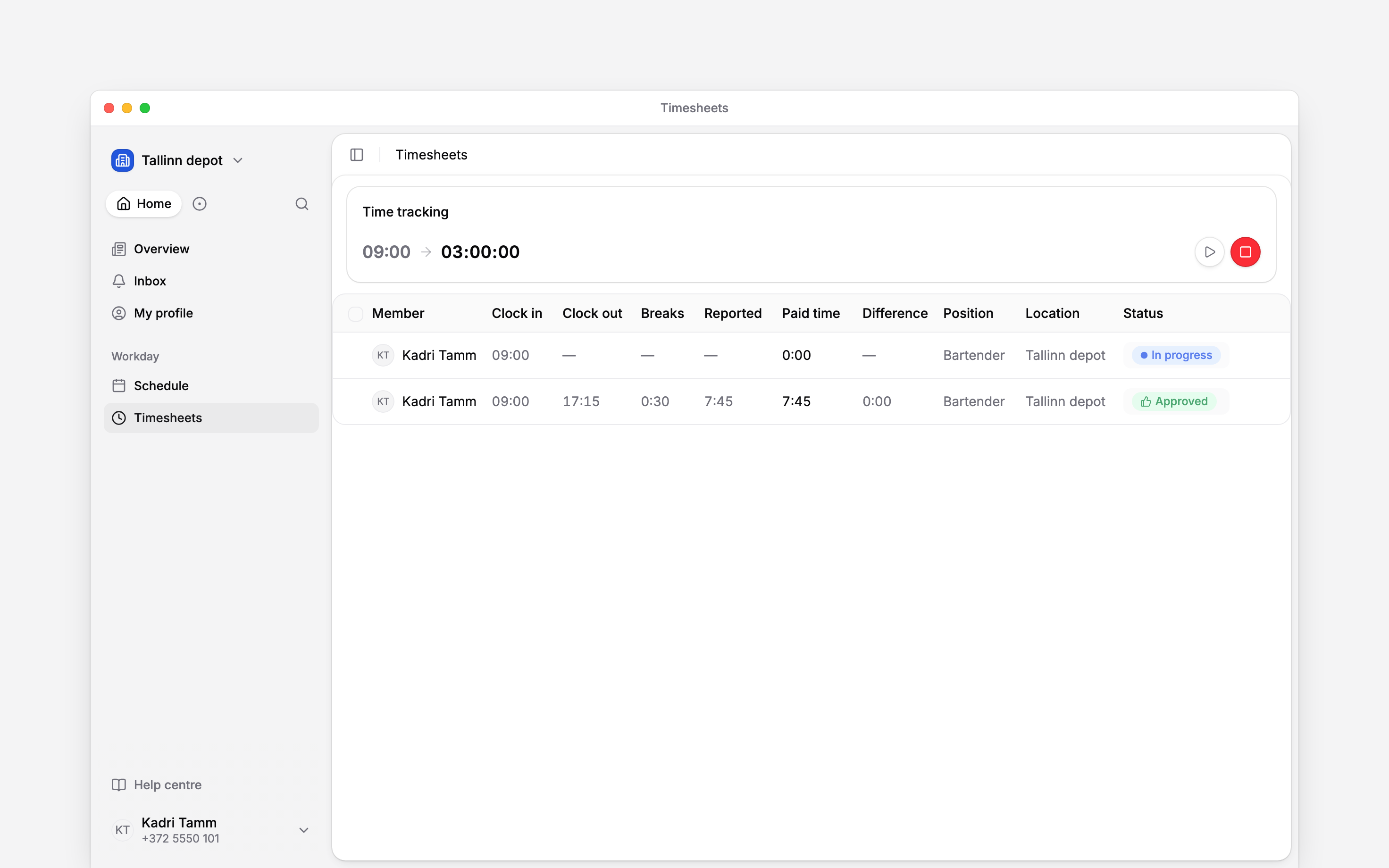 Your timer on a break with Resume beside Clock out