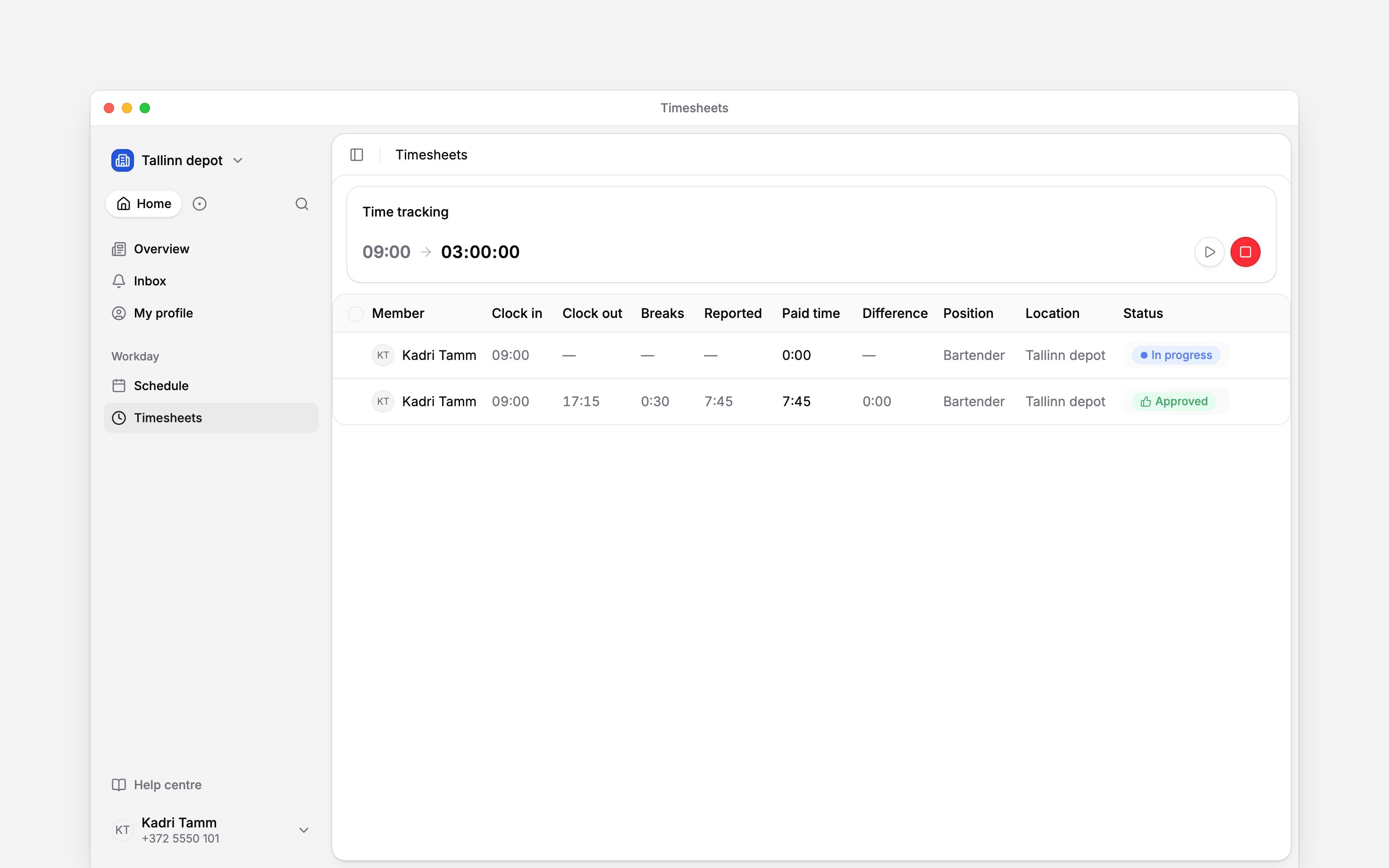 Your timer on a break with Resume beside Clock out
