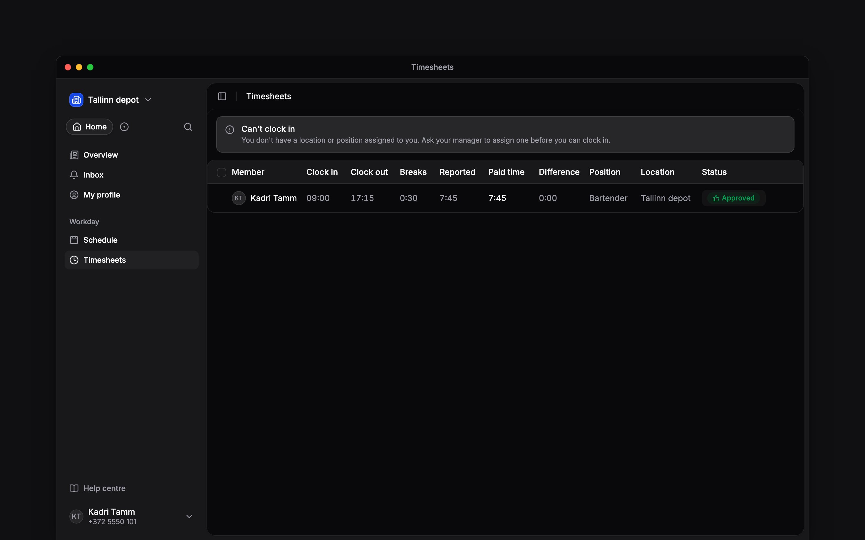 The clocking restriction message asking you to have a location or position assigned