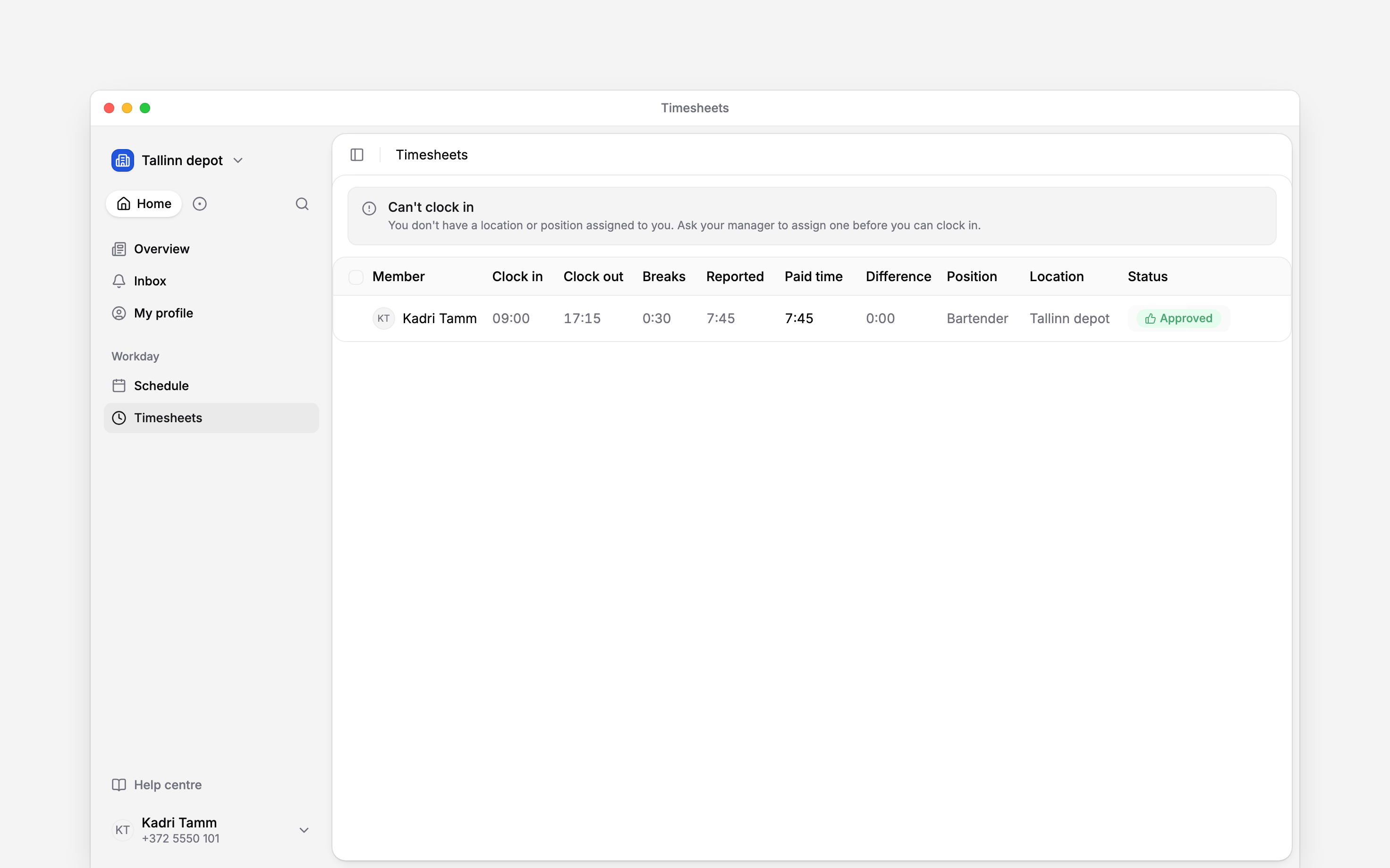 The clocking restriction message asking you to have a location or position assigned