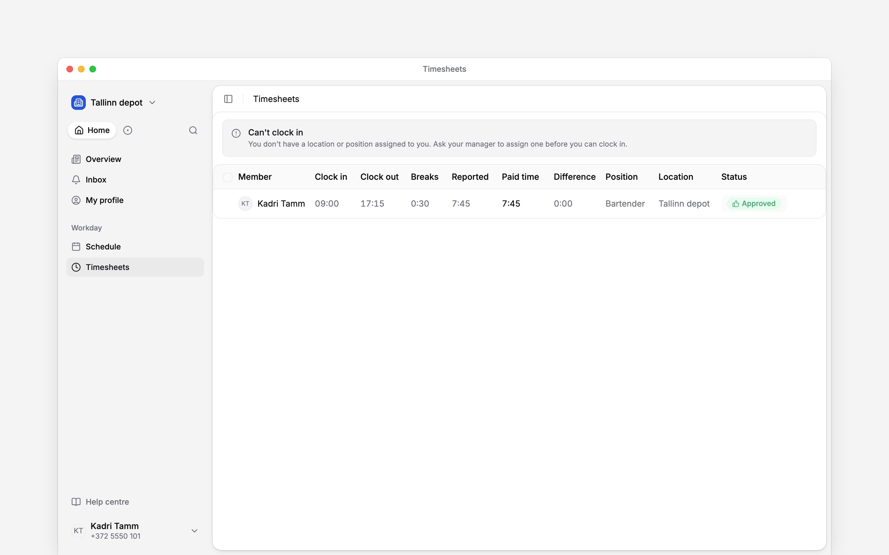 The clocking restriction message asking you to have a location or position assigned