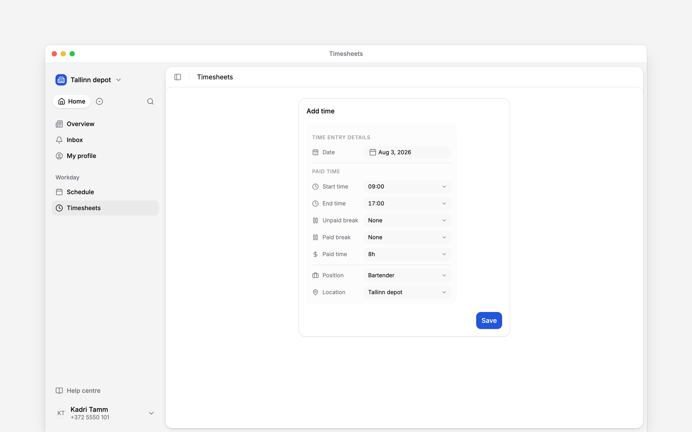 The Add time form for your own work with date, start and end time and work details